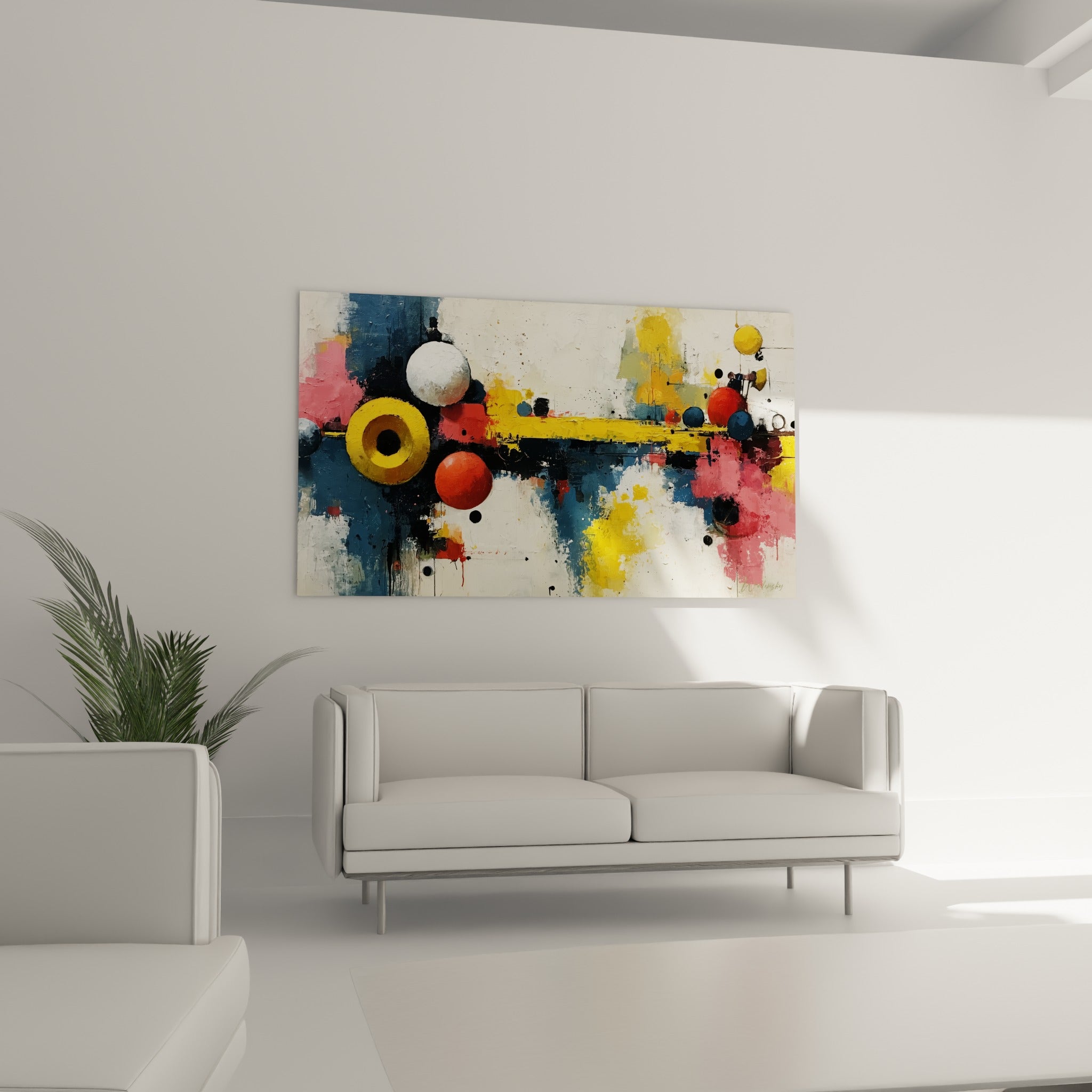 Boules rouge vif et bleu marine flottantes au-dessus d'un canapé dans un salon lumineux