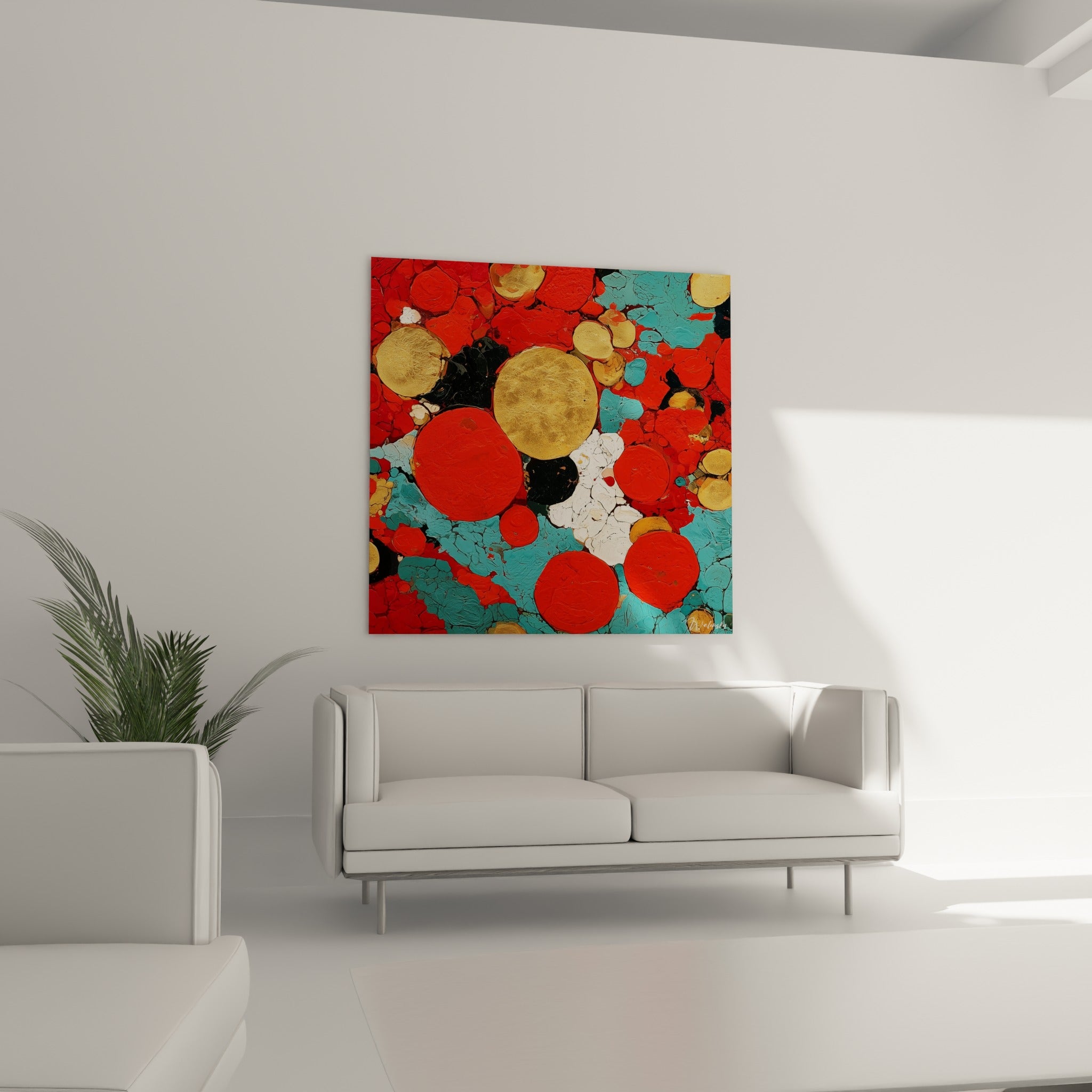 Bulles turquoise et rouges du tableau géométrique abstrait au-dessus d'un canapé dans un salon lumineux