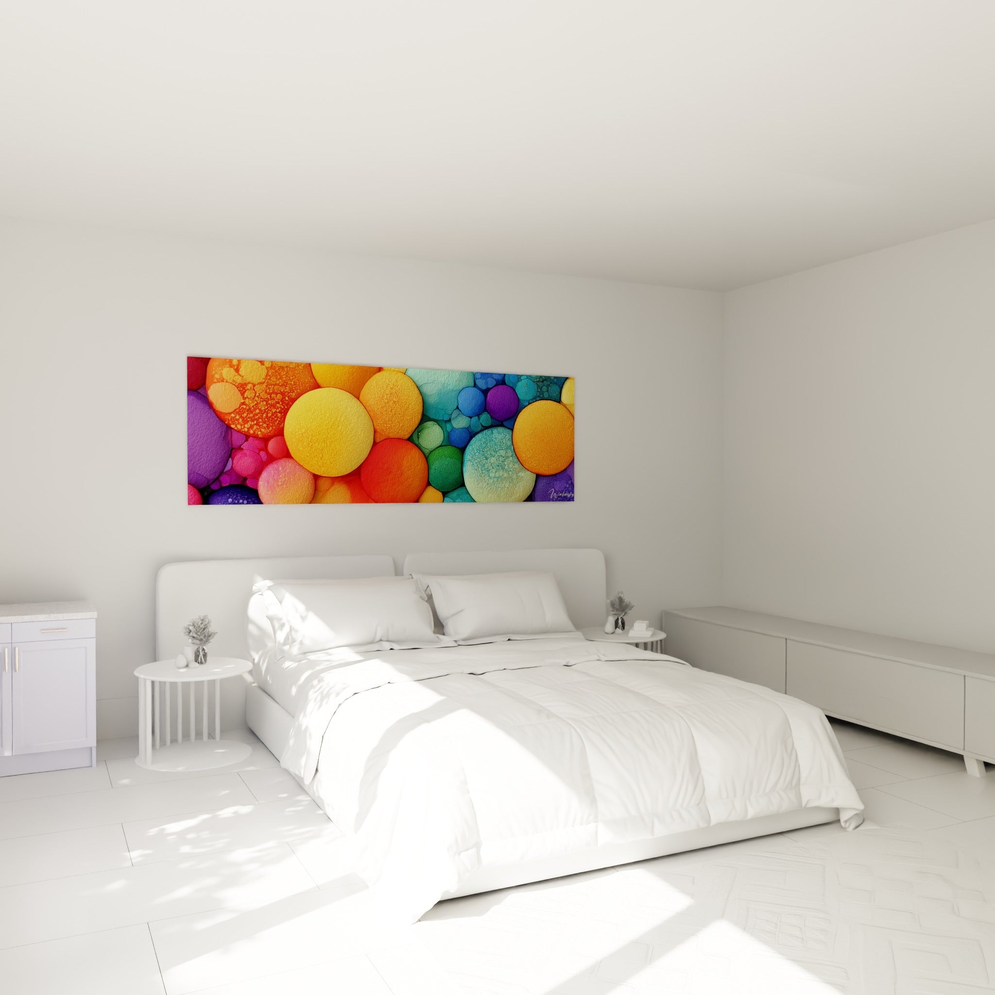 Bulles multicolores dorées et vertes du tableau géométrique abstrait au-dessus d'un lit dans une chambre claire