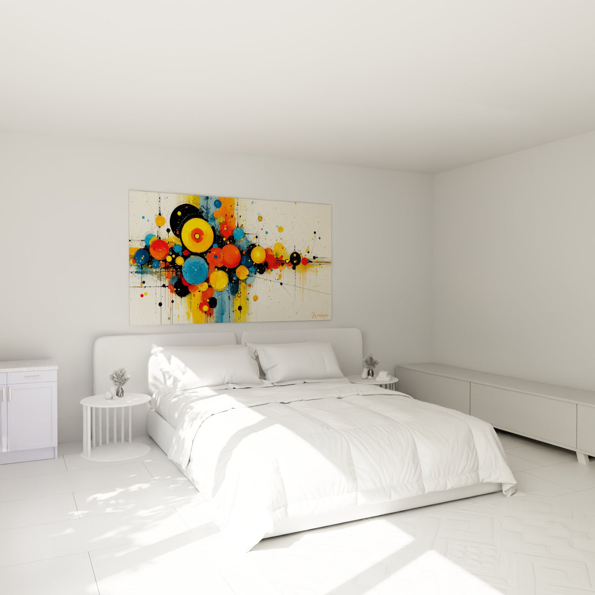 Bulles jaune doré et bleu profond de ce tableau géométrique abstrait au-dessus d'un lit dans une chambre claire.
