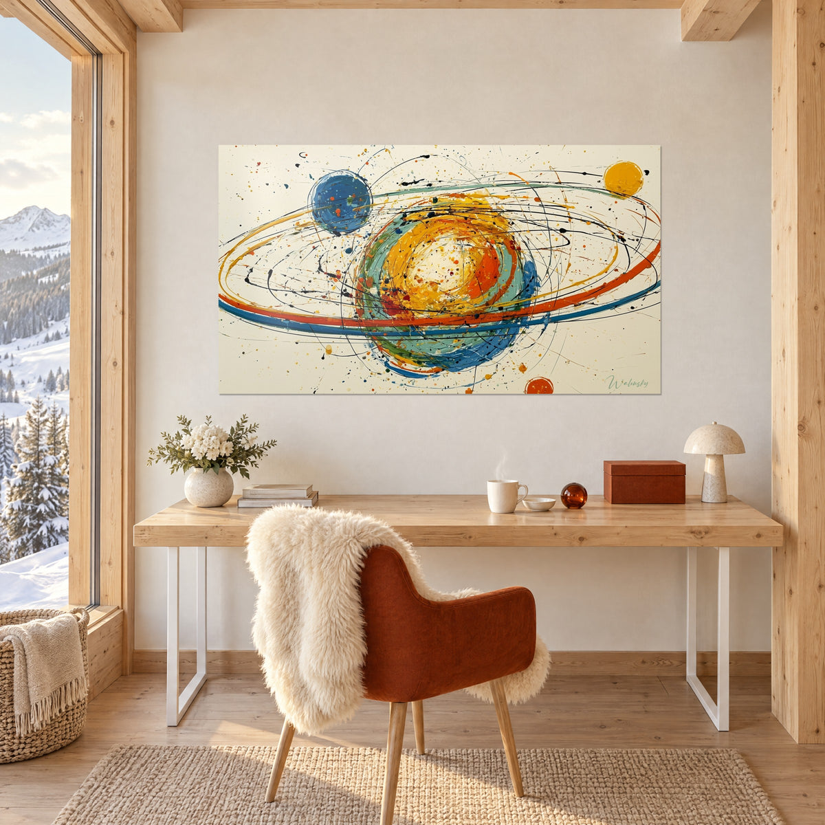 Tableau orbites éclaboussées, boule blanche et orange cerclée de bleu, au-dessus d'un bureau clair près d'une fenêtre enneigée
