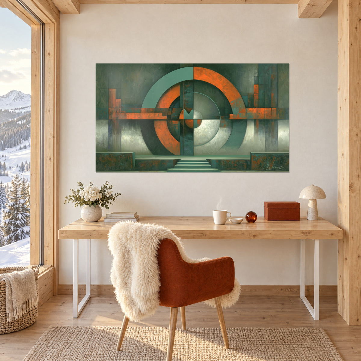 Tableau mosaïque géométrique cuivre et vert profond, anneaux et blocs rouillés, au-dessus d'un bureau en bois blanc avec fauteuil orange