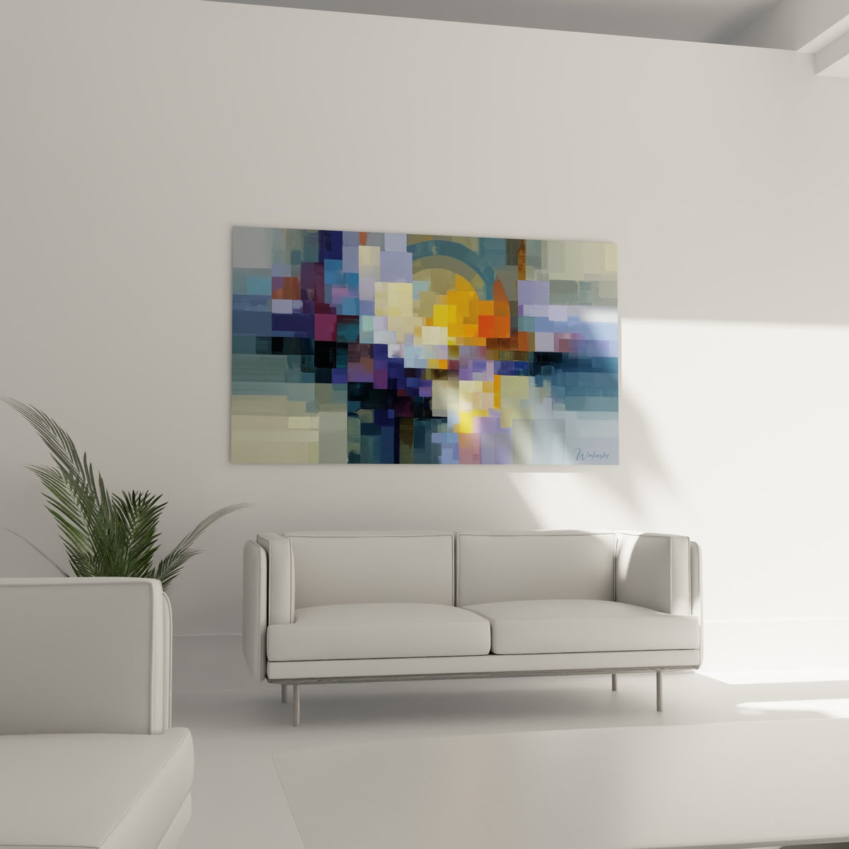 Carrés violets et orangés structurent ce tableau géométrique abstrait, au-dessus d'un canapé dans un salon lumineux