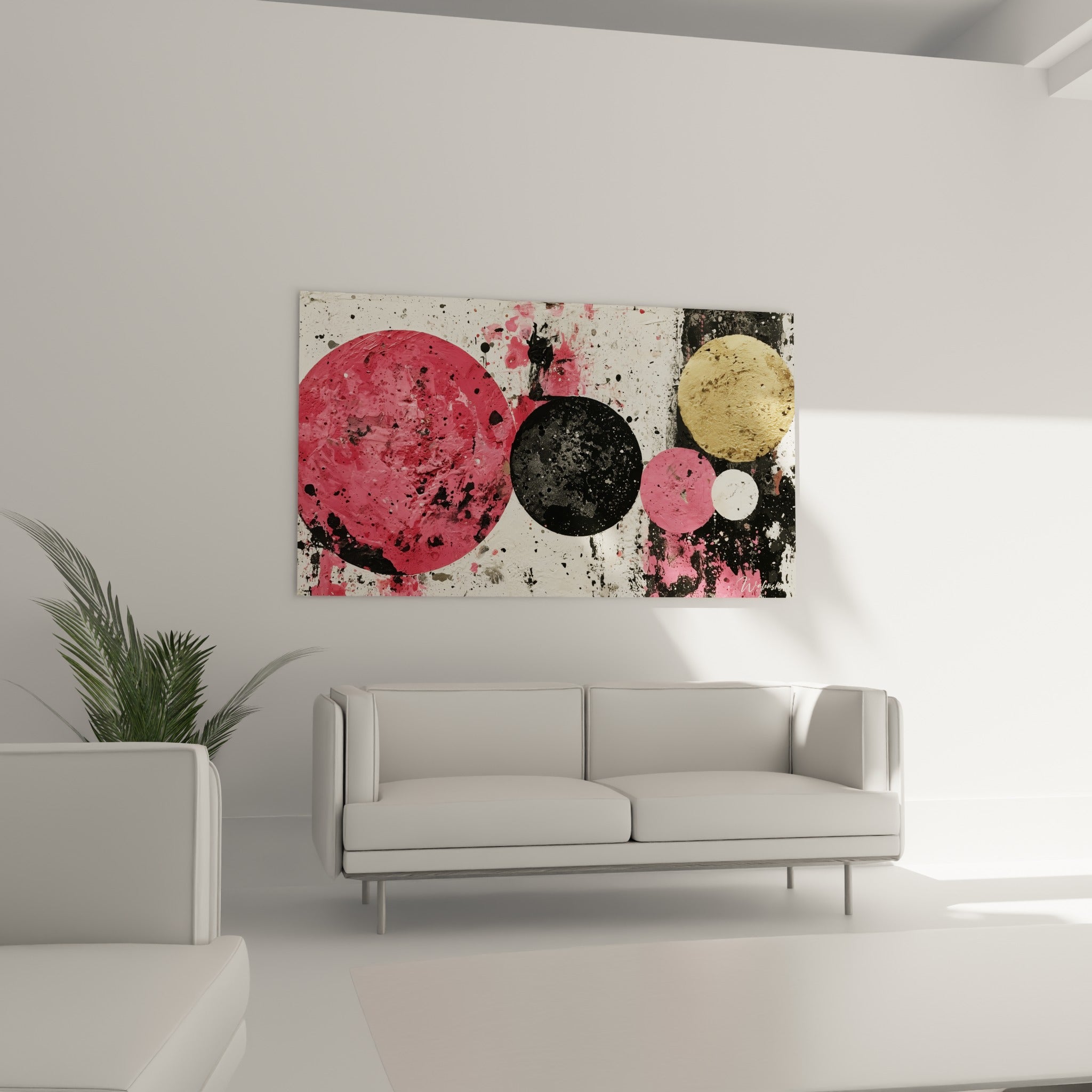 Cercles noirs et rose fuchsia de ce tableau géométrique abstrait au-dessus d'un canapé dans un salon lumineux