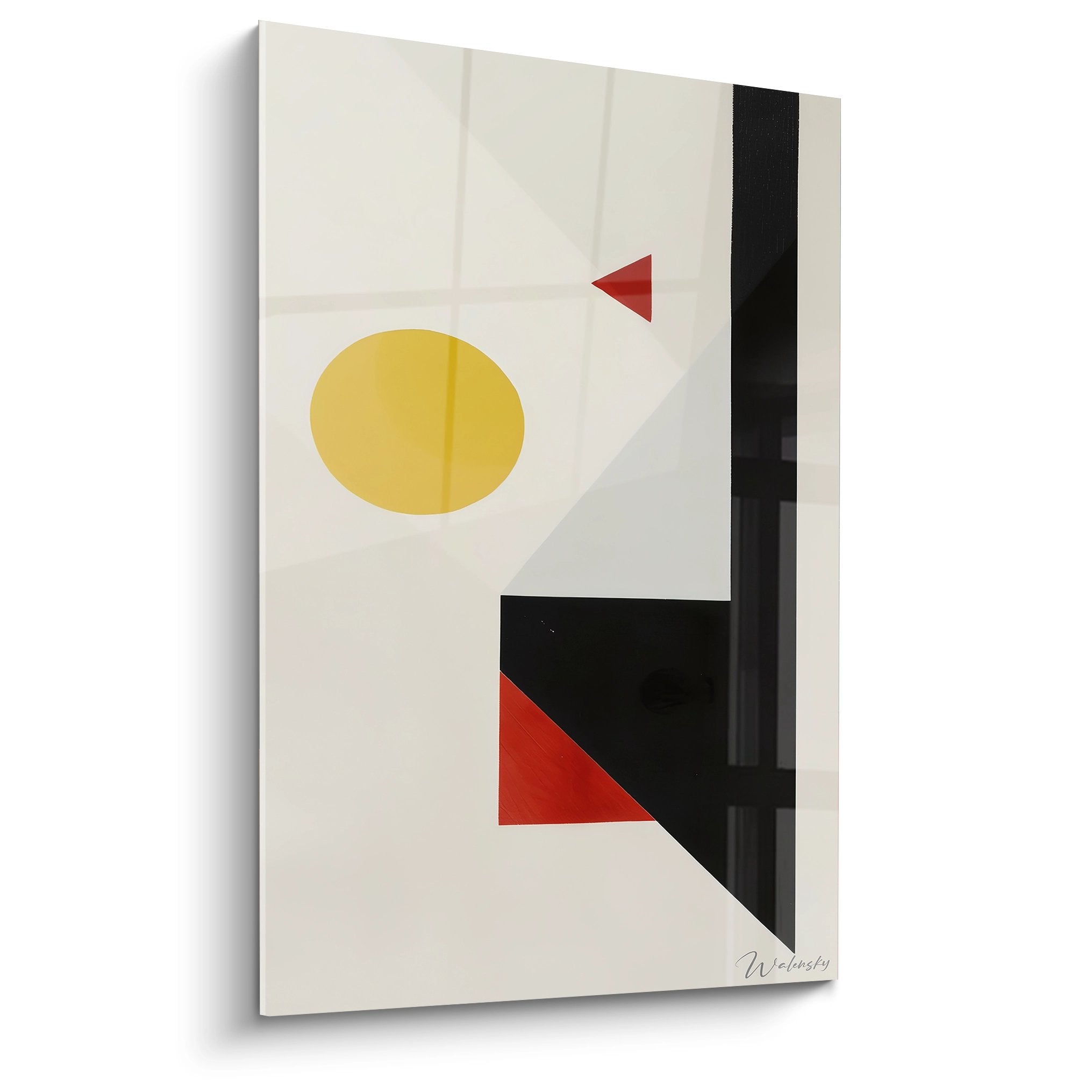 Tableau géométrique abstrait avec cercle jaune et triangles rouges sur fond blanc moderne