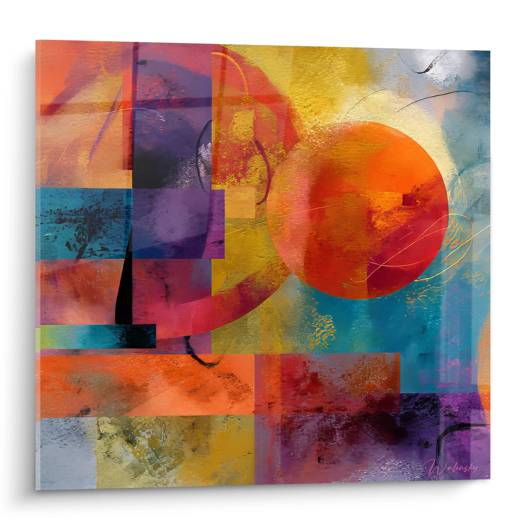 Tableau mural géométrique abstrait avec cercle orange et formes colorées modernes