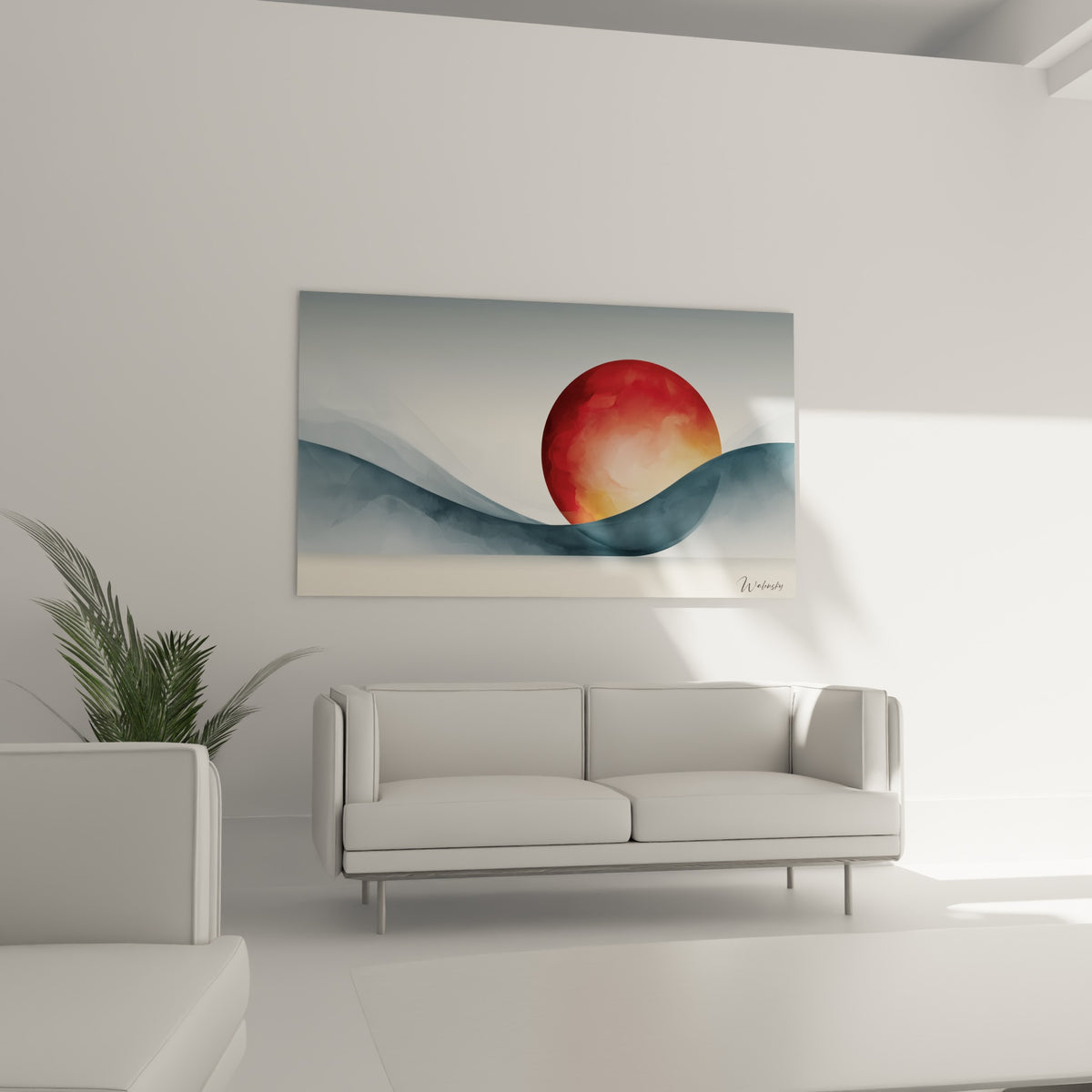 Cercle rouge incandescent sur ligne ondulante grise, tableau géométrique abstrait au-dessus d'un canapé dans un salon lumineux