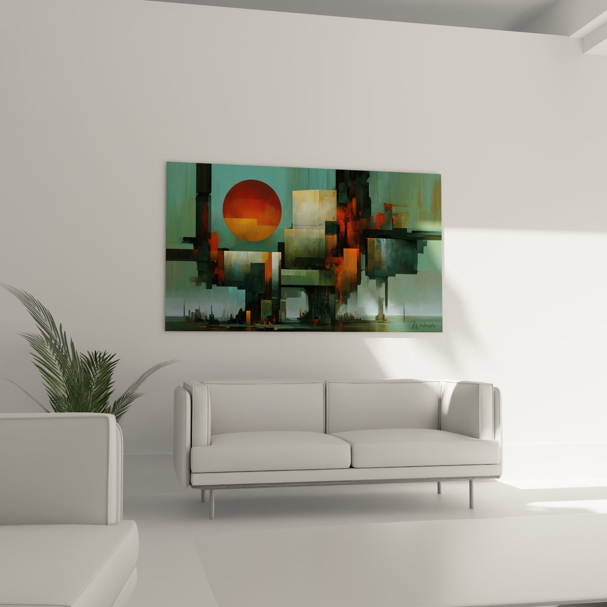 Volumes architecturaux anthracite et cercle orange lumineux au-dessus d'un canapé dans un salon lumineux