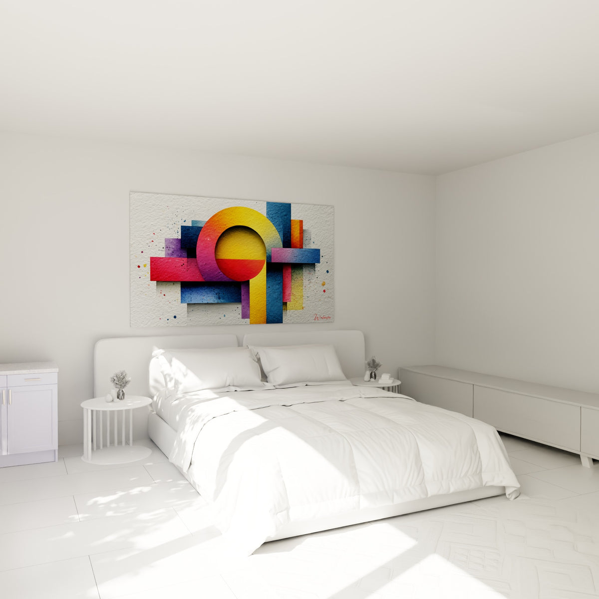 Formes géométriques dorées et bleu marine du tableau géométrique abstrait au-dessus d'un lit dans une chambre claire