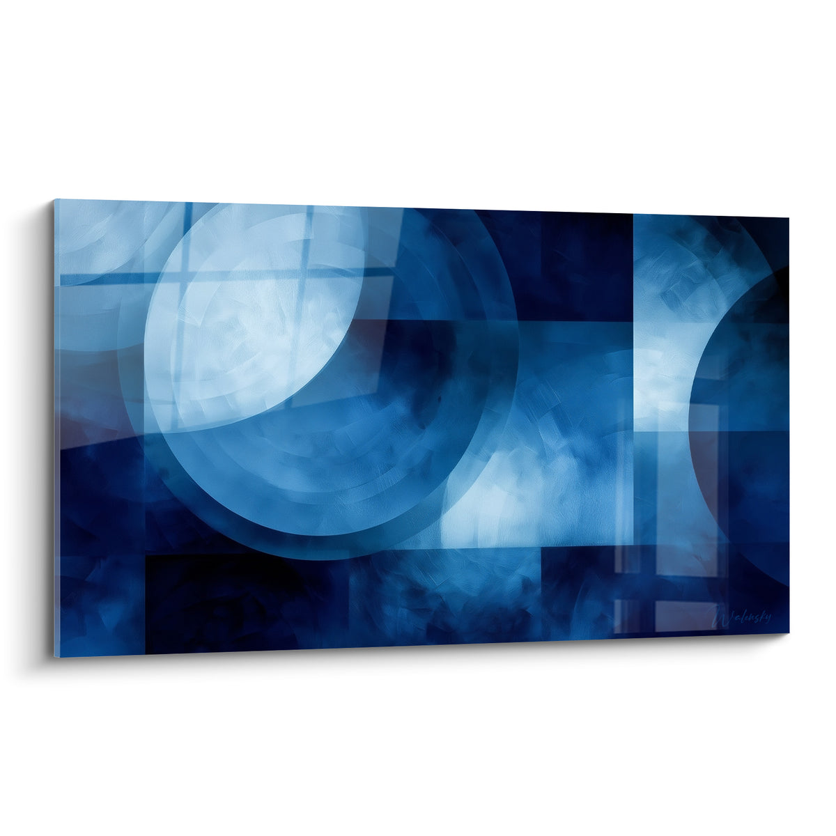 Cercles bleu marine et bleu pastel imbriqués dans un tableau géométrique abstrait aux lignes croisées