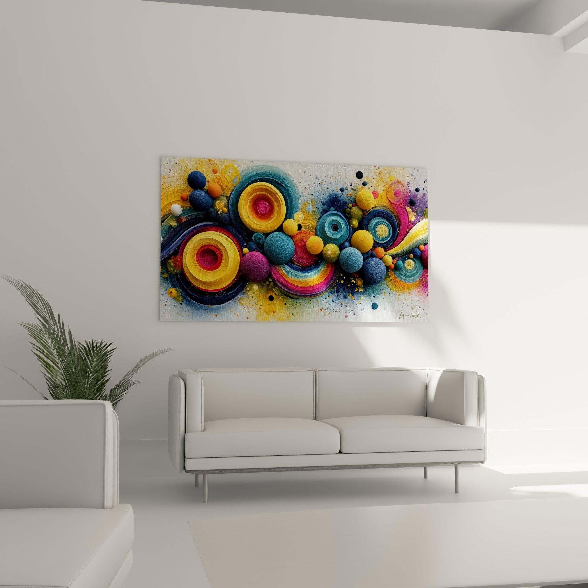 Cercles bleu paon et dorés de ce tableau géométrique abstrait accrochés au-dessus d'un canapé dans un salon lumineux