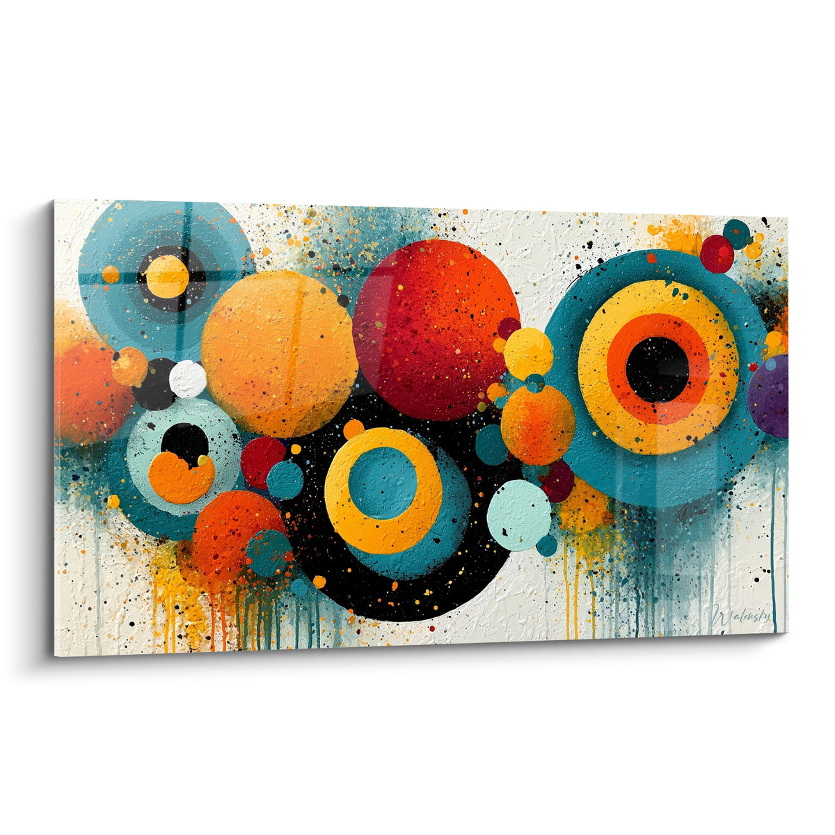 Cercles géométriques abstraits bleu sarcelle et orange fauve avec éclaboussures noires et dorées