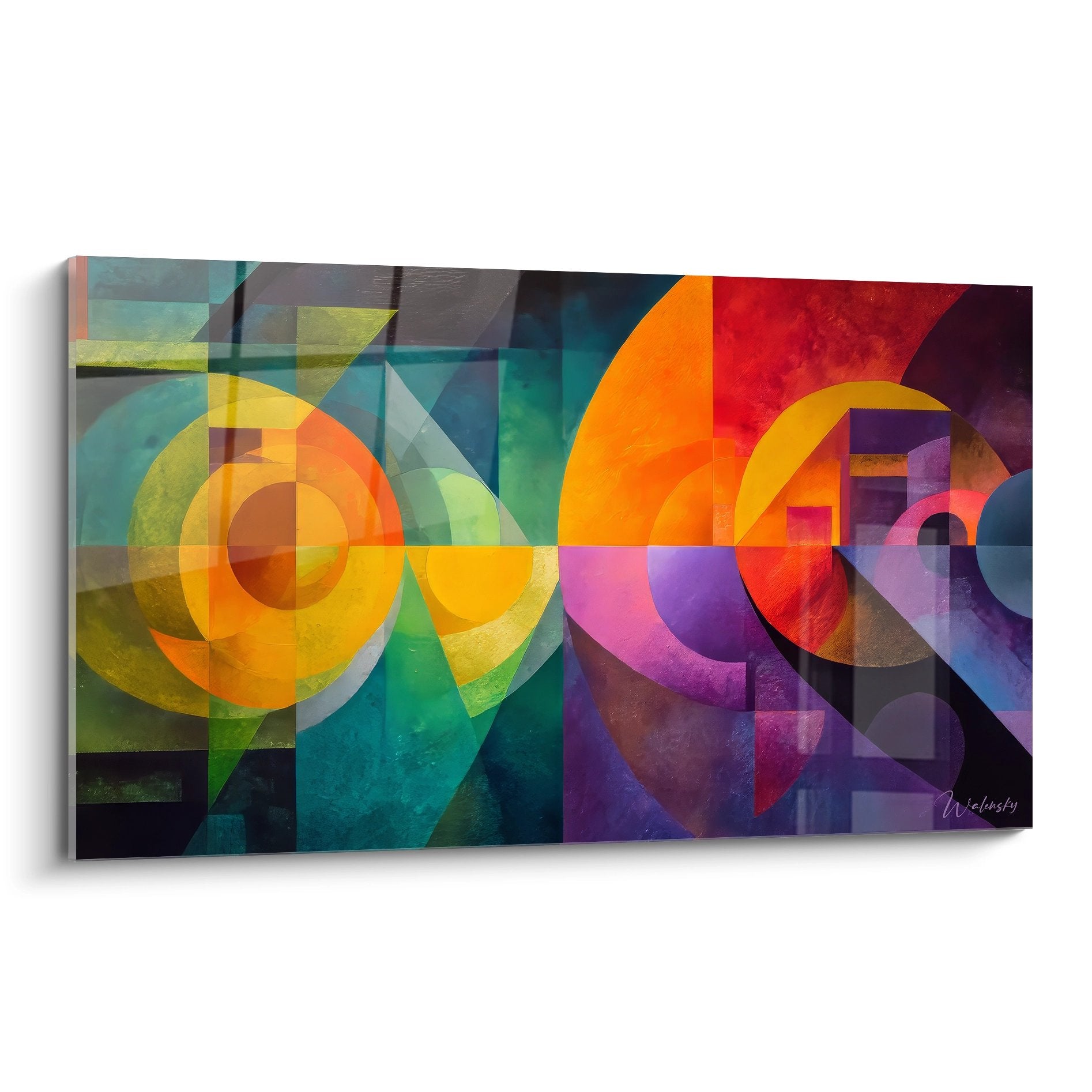 Tableau mural géométrique abstrait avec cercles colorés et formes triangulaires, art moderne décoratif