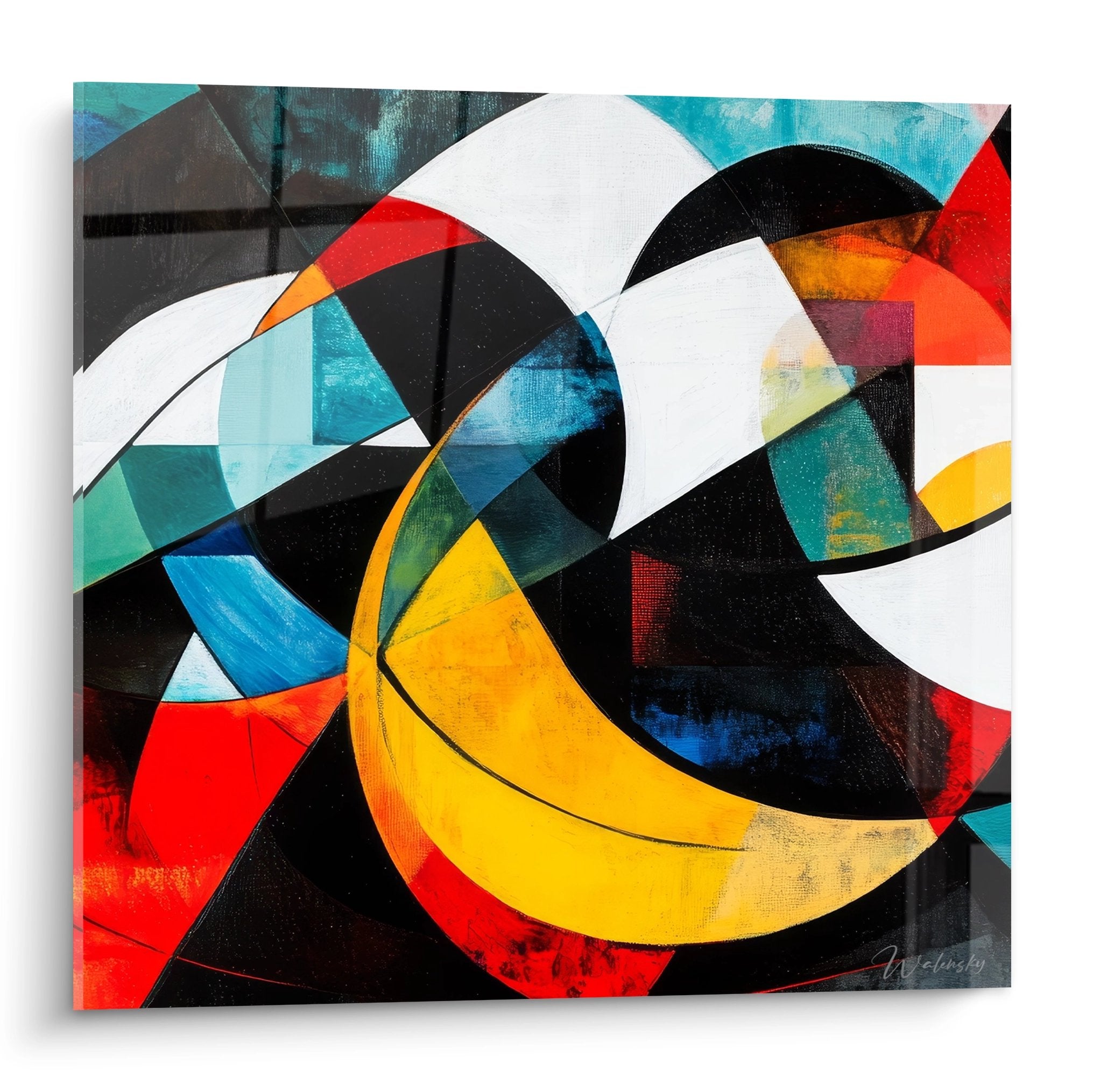 Tableau mural géométrique abstrait avec formes circulaires colorées jaunes, rouges, bleues sur fond noir et blanc