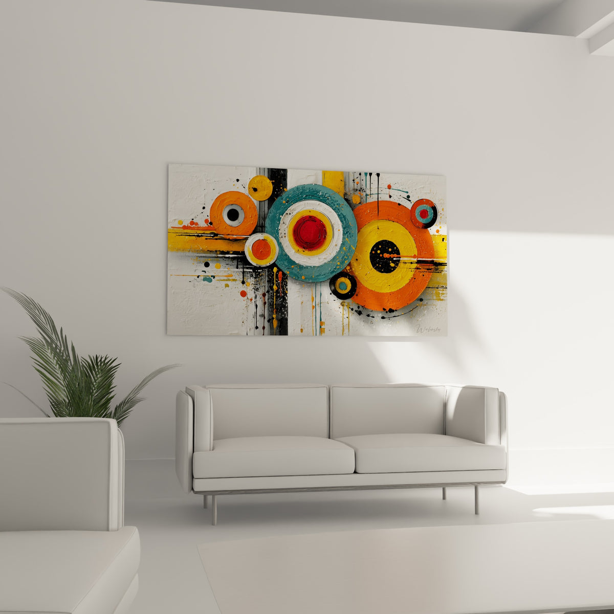 Cercles rouge et sarcelle de ce tableau géometrique abstrait au-dessus d'un canapé dans un salon lumineux