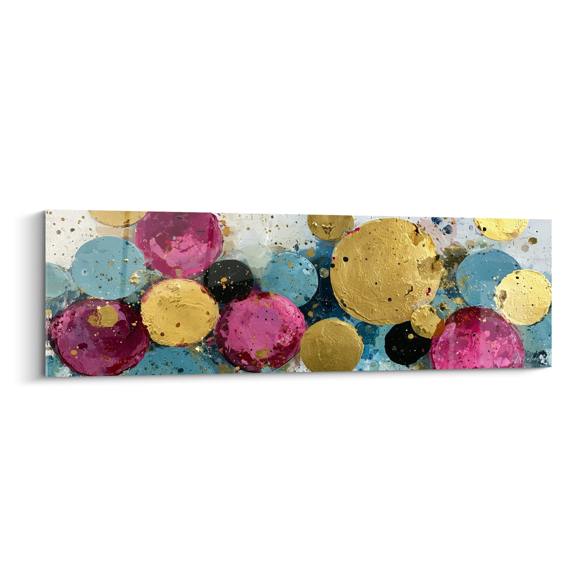 Cercles dorés, roses fuchsia et bleu canard composent ce tableau géométrique abstrait éclaboussé.