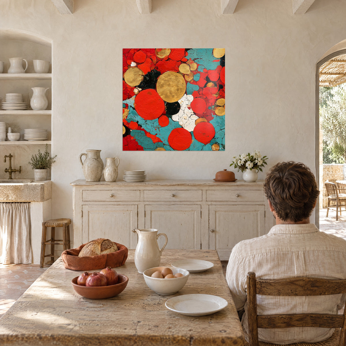 Tableau rondeurs écarlates, pastille dorée géante et touches blanches sur turquoise, homme de dos à une table, dans un mas provençal