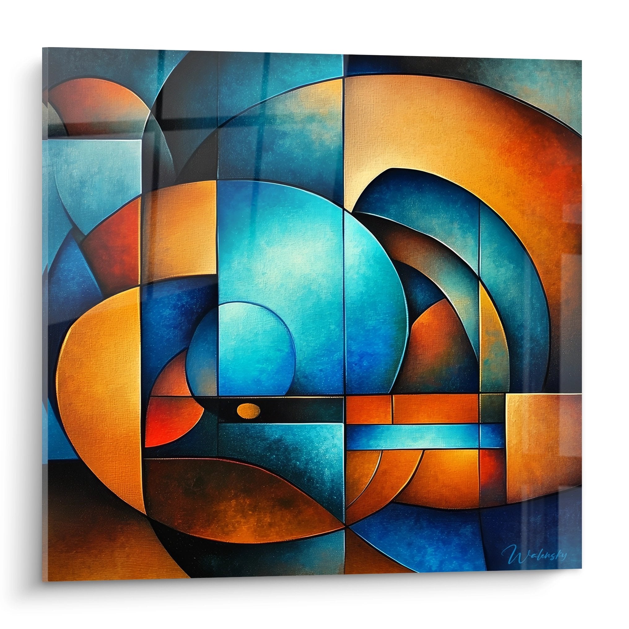 Tableau géométrique abstrait formes circulaires entrelacées orange bleu art mural moderne déco contemporaine