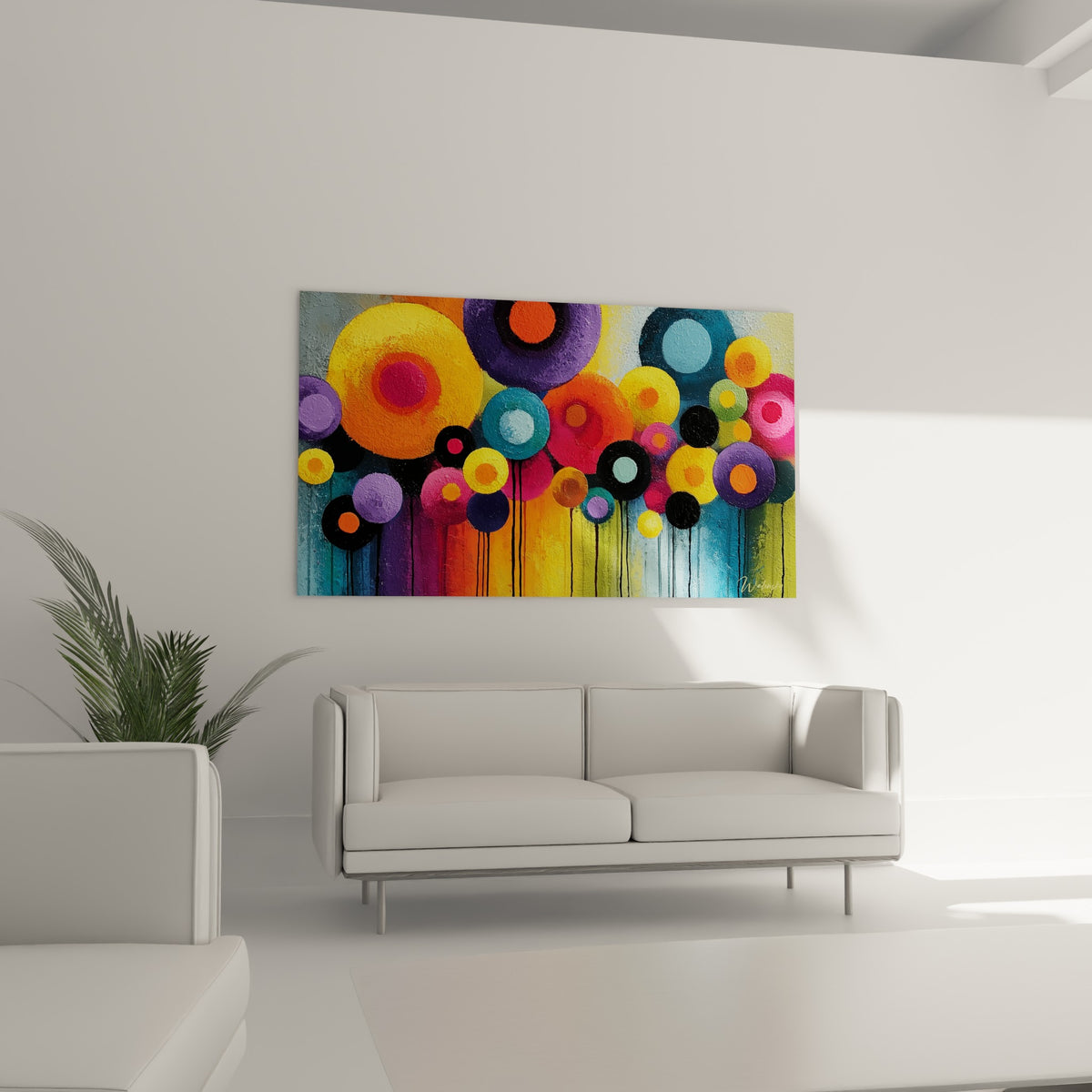 Formes rondes fauve et bleu turquoise aux contours noirs, disposées au-dessus d'un canapé dans un salon lumineux