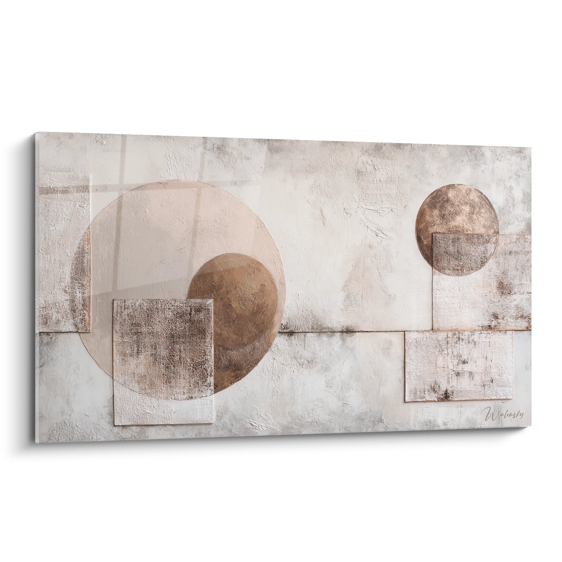 Tableau mural géométrique abstrait avec cercles et formes rectangulaires tons neutres beiges