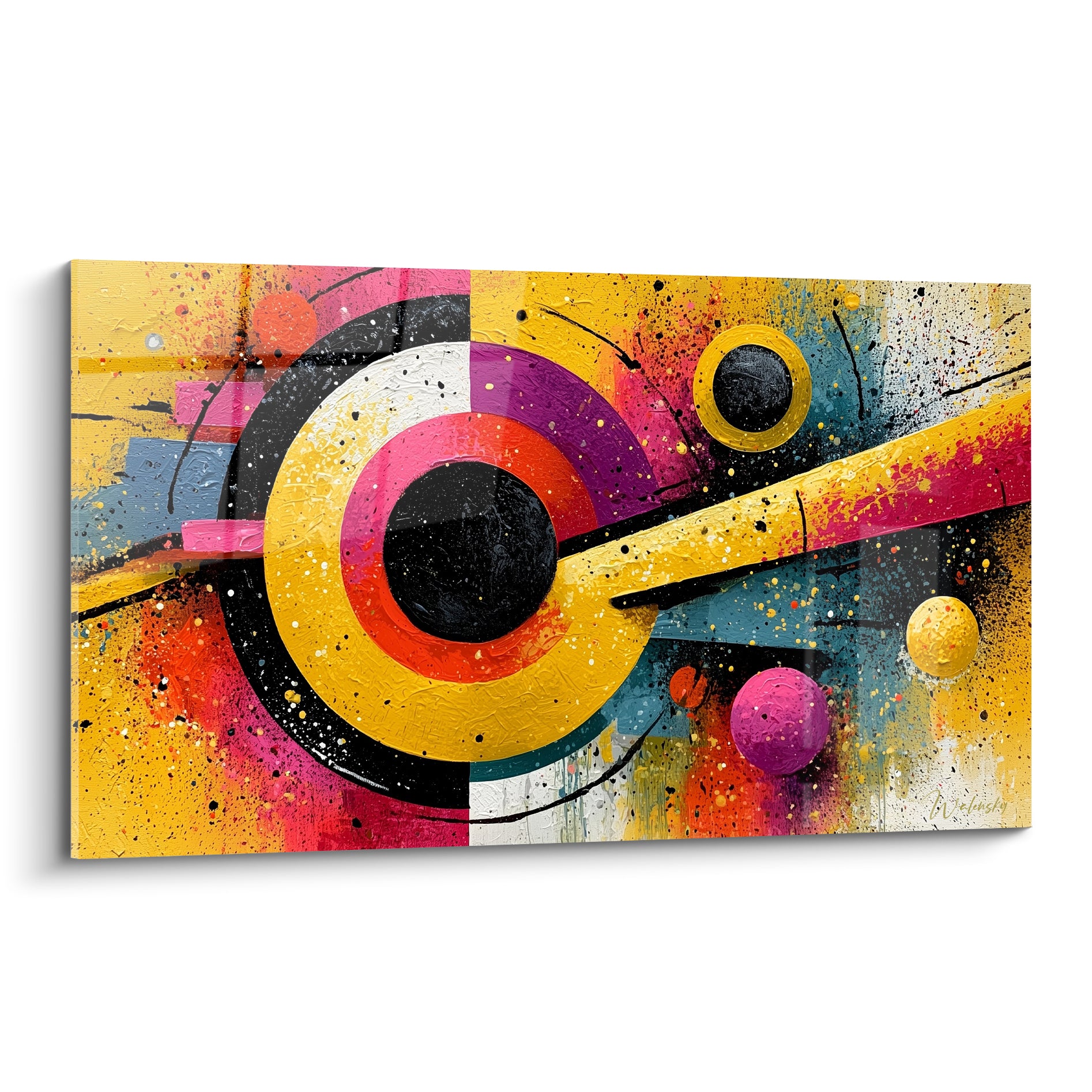 Cercles concentriques jaune, rose et noir composant ce tableau géométrique abstrait vibrant