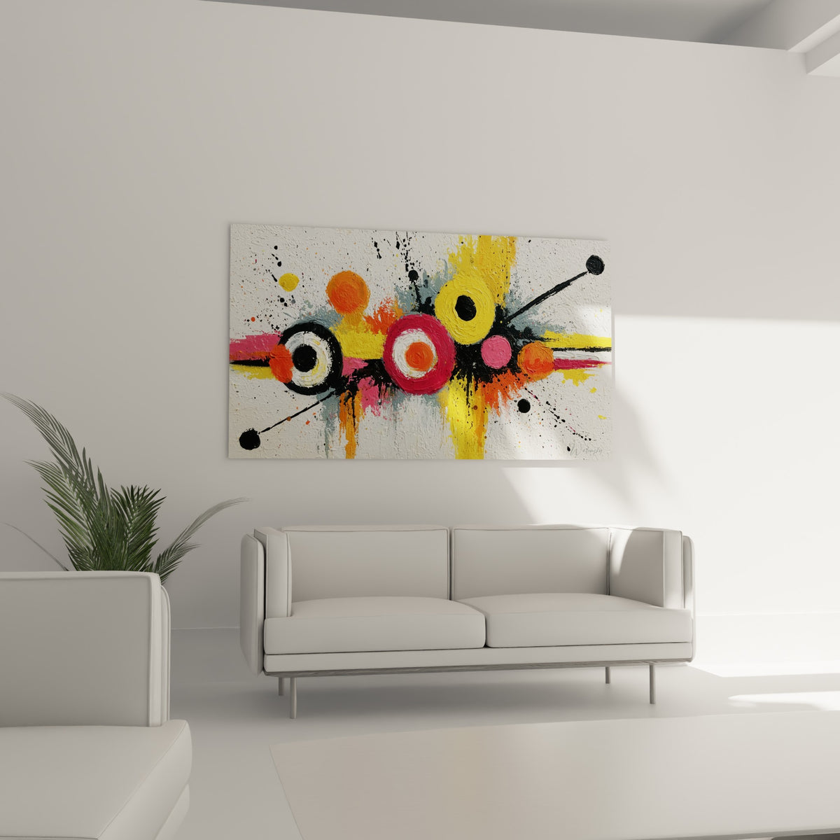 Cercles concentriques orange et rose de ce tableau géométrique abstrait au-dessus d'un canapé dans un salon lumineux