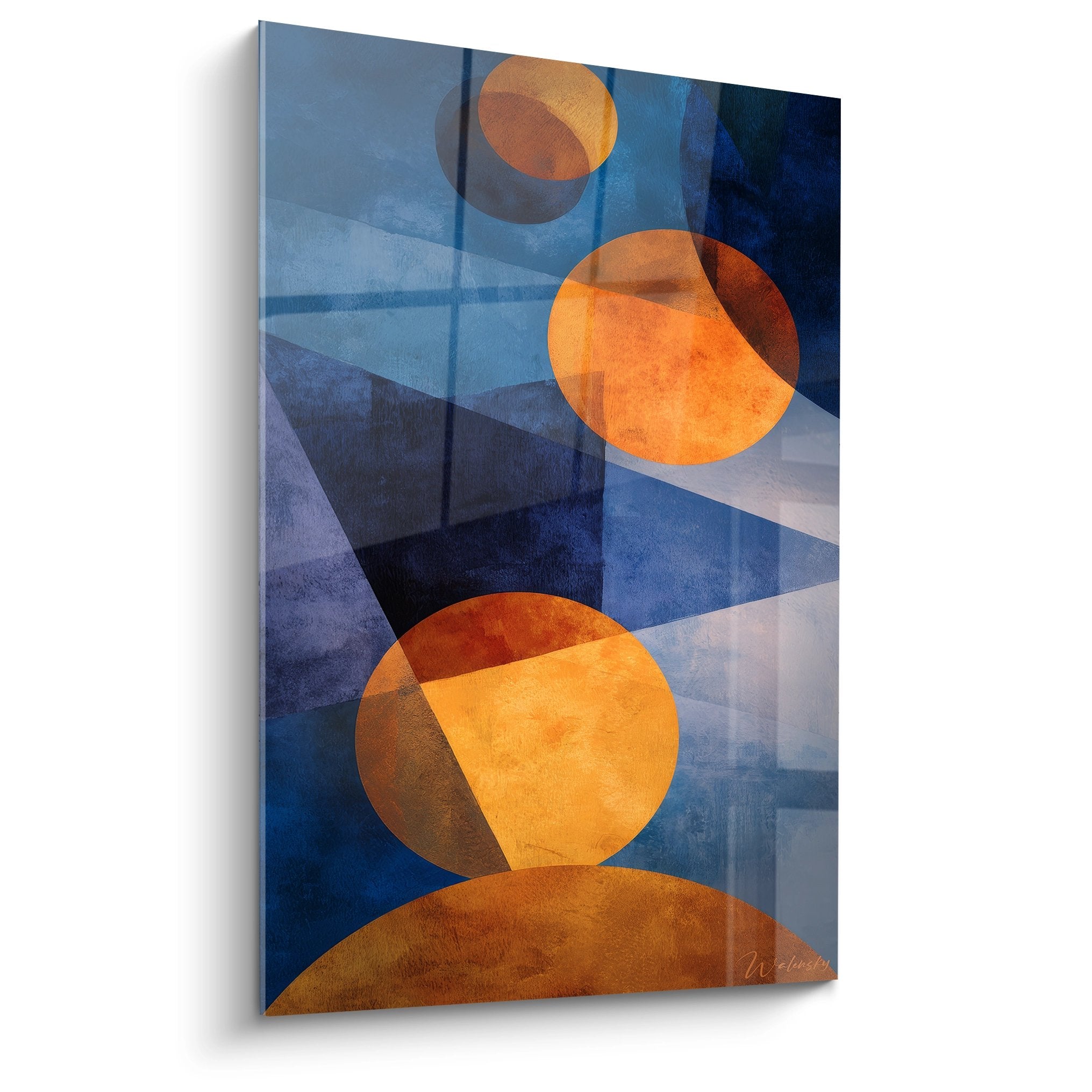 tableau géométrique abstrait cercles oranges sur fond bleu formes géométriques art moderne