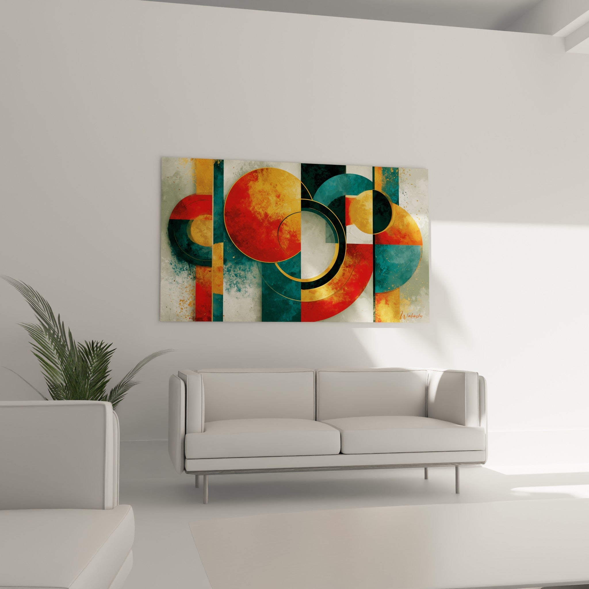 Formes circulaires sarcelle et terracotta d'un tableau géométrique abstrait au-dessus d'un canapé dans un salon lumineux