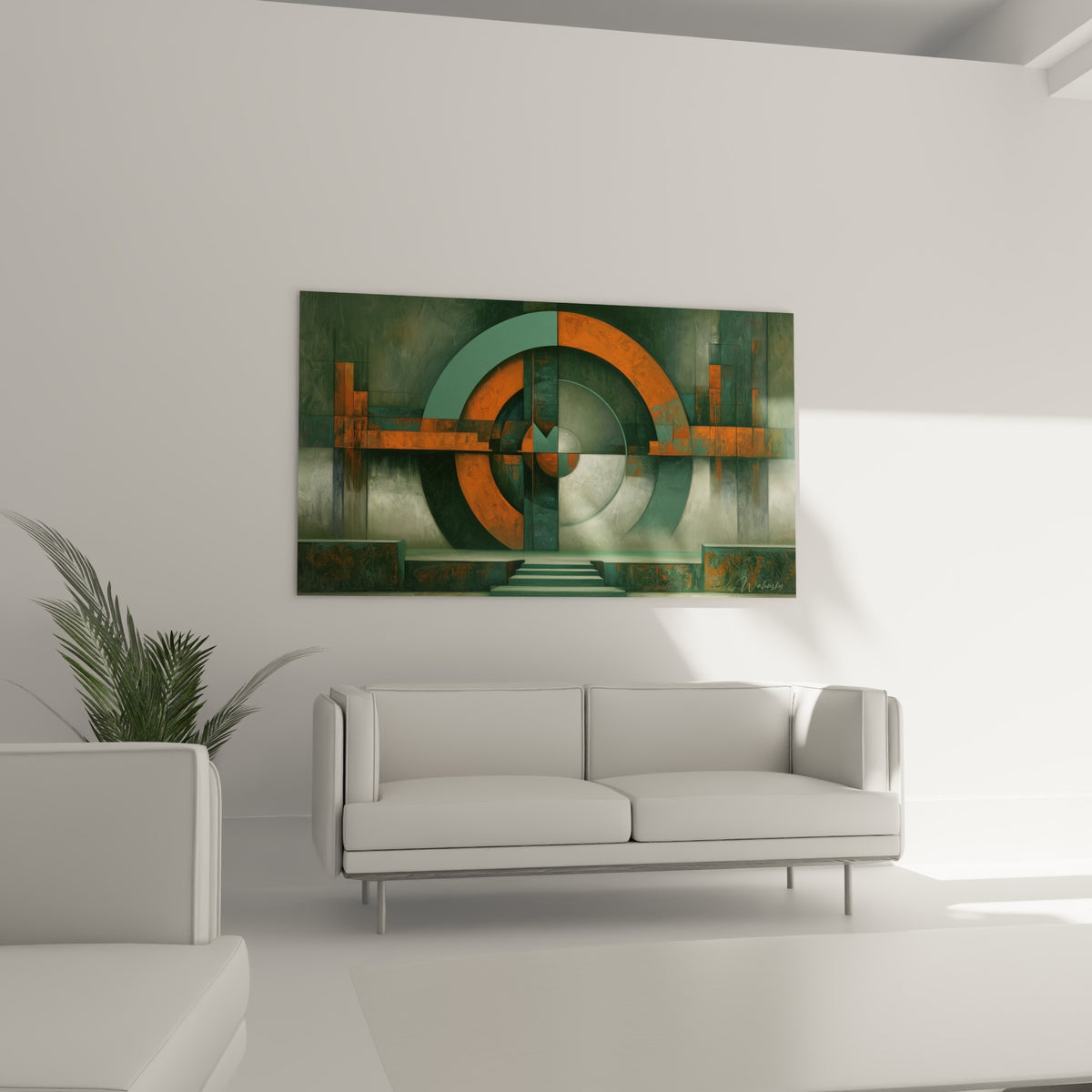 Composition orange rouille et anthracite d'un tableau géométrique abstrait, au-dessus d'un canapé dans un salon lumineux