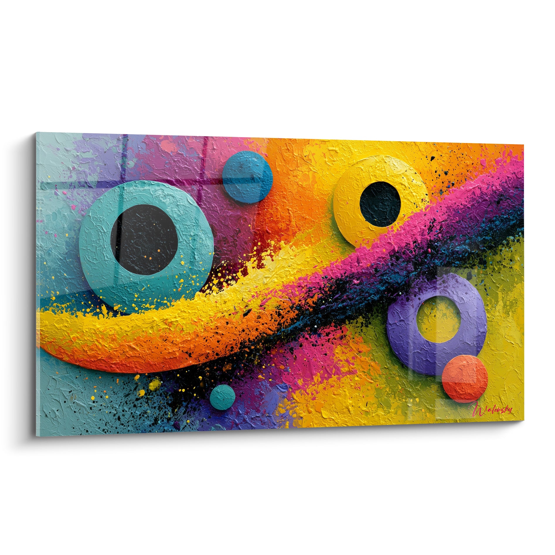 Cercles turquoise, jaune et violet éclatés sur fond de peinture orange et rose texturée