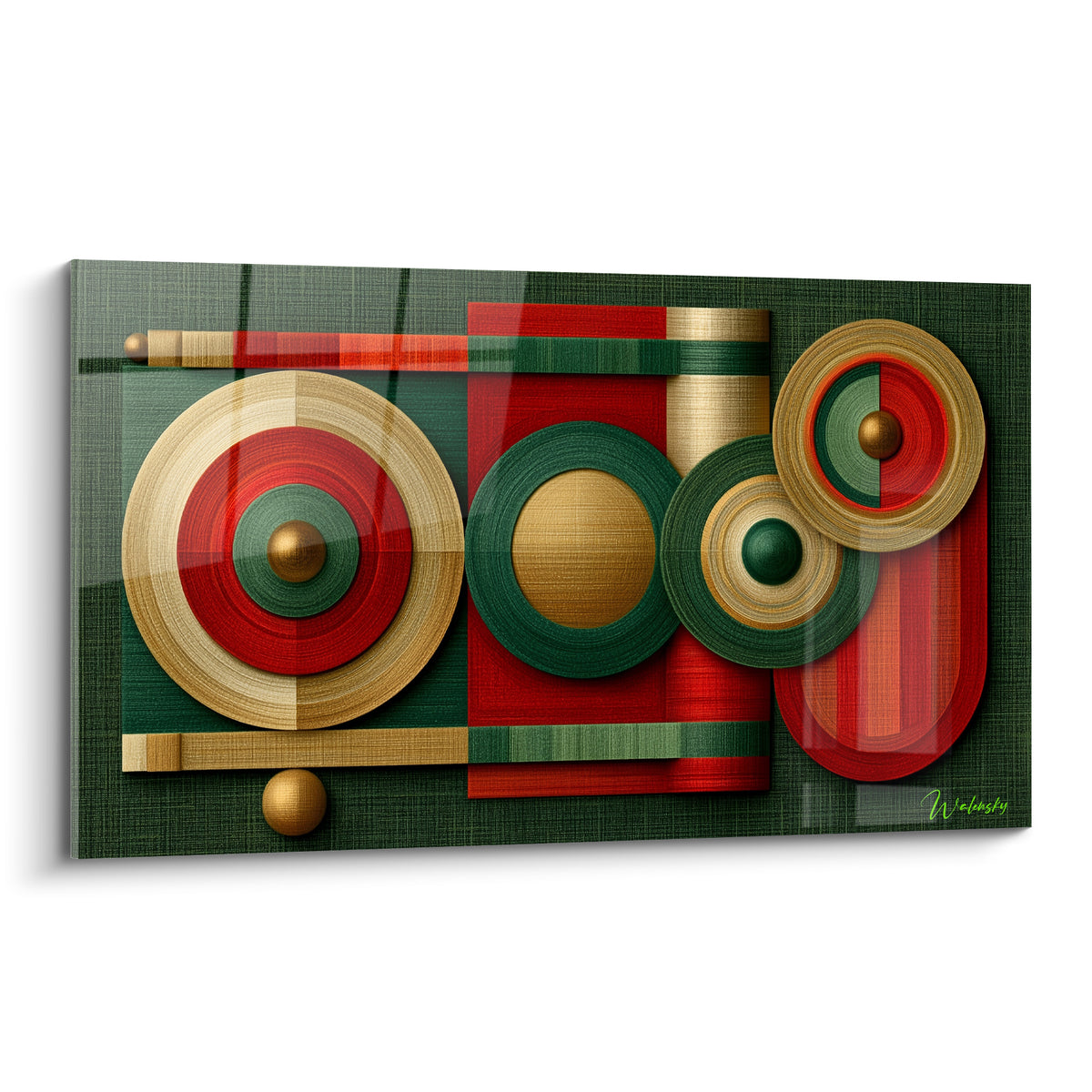 Cercles concentriques vert sapin, rouge brique et doré composant ce tableau géométrique abstrait sculptural