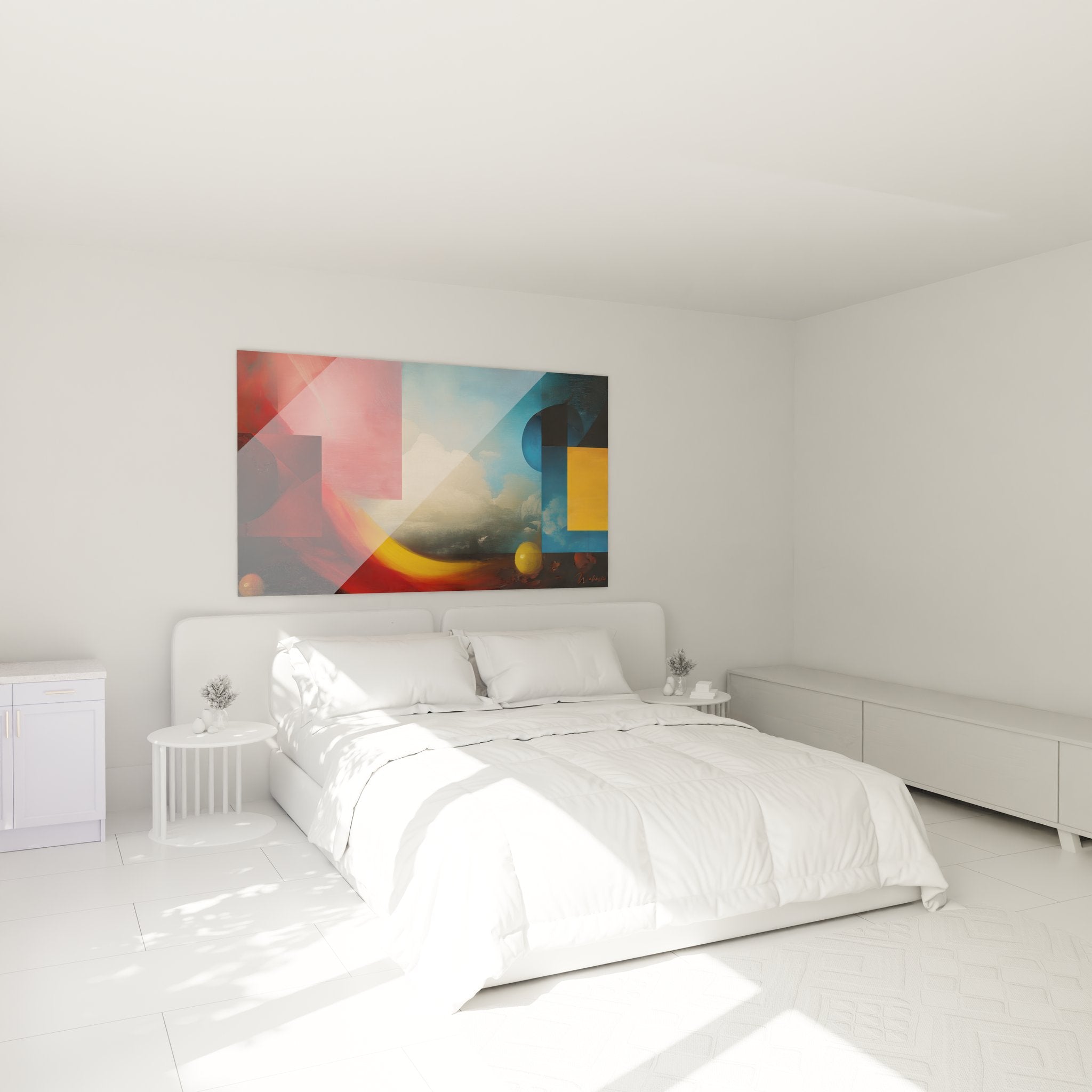 Tableau géométrique abstrait dans chambre moderne - Décoration murale contemporaine formes colorées