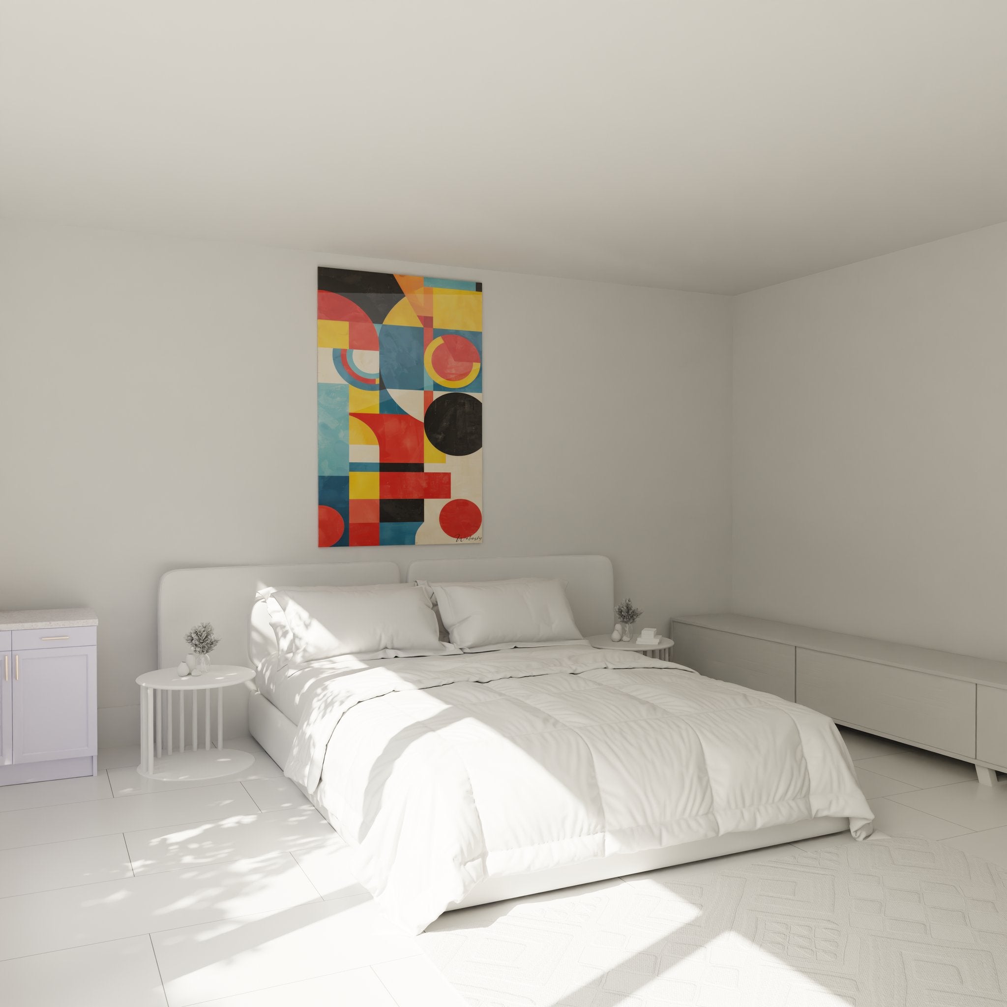 Ambiance chambre tableau géométrique abstrait coloré décoration murale moderne design contemporain