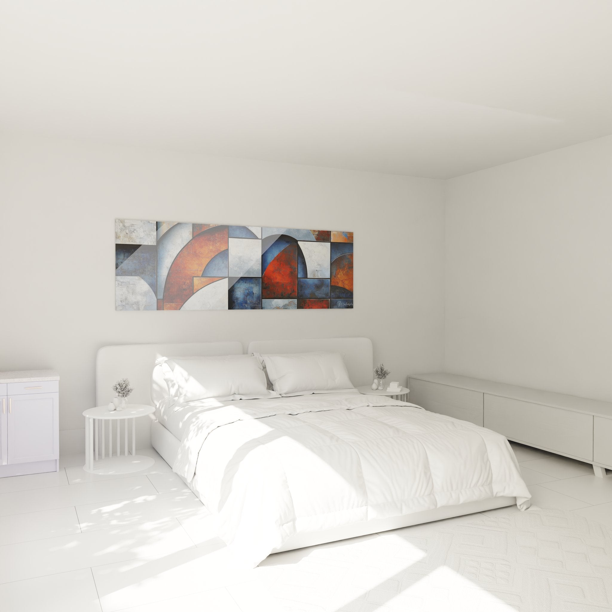 Tableau mural géométrique abstrait dans chambre moderne avec motifs circulaires colorés