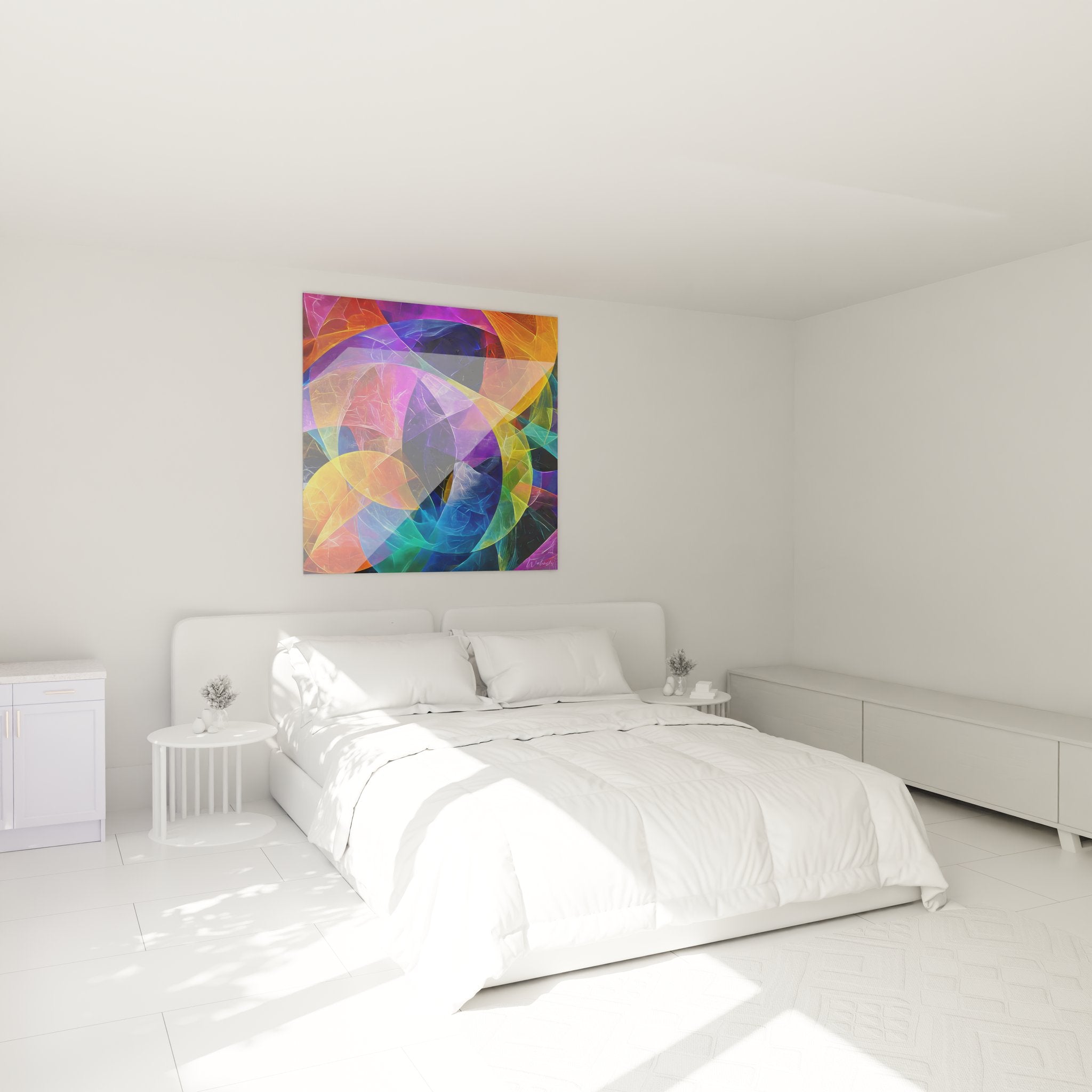 Colorful abstract geometric wall art installed in modern bedroom - contemporary mural decoration