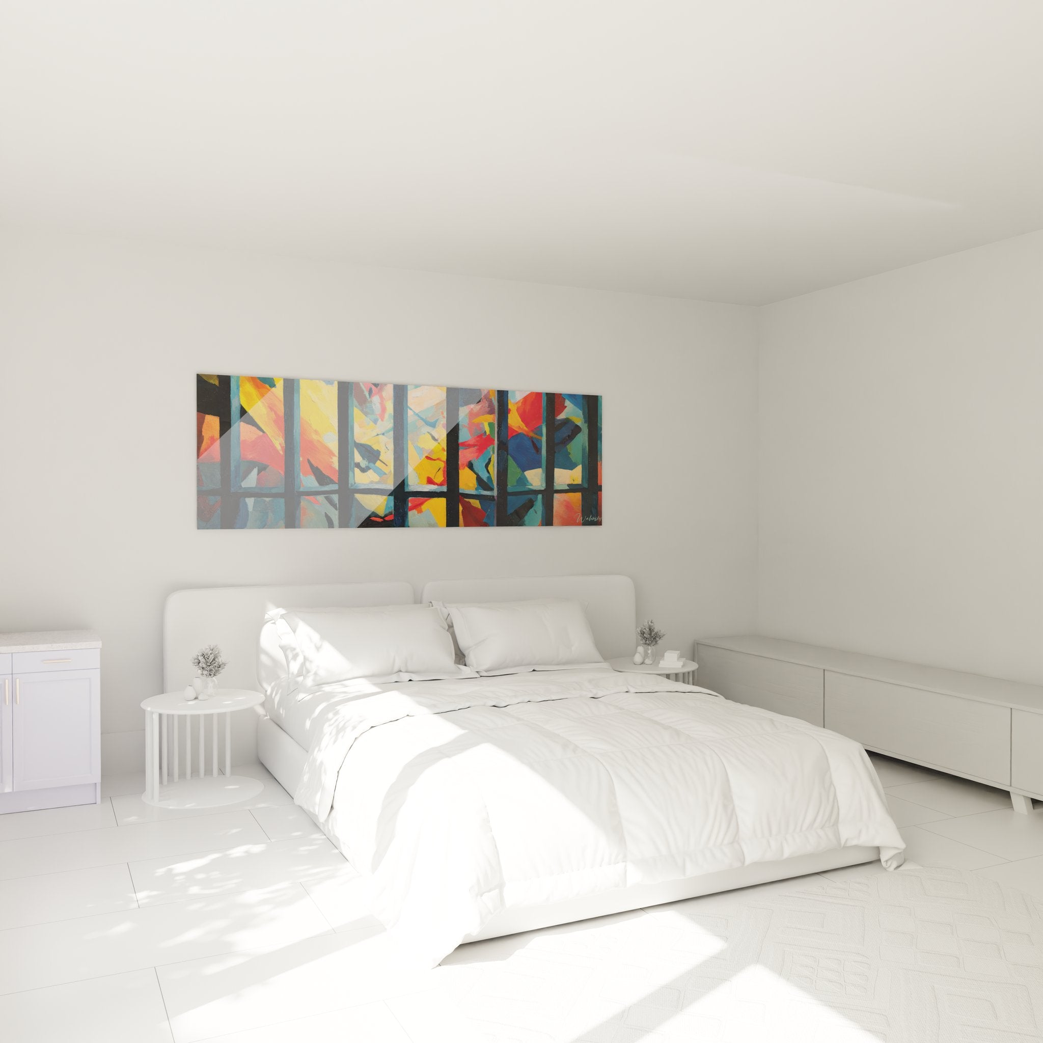Tableau géométrique abstrait fenêtre urbaine installé dans chambre moderne, décoration murale design colorée