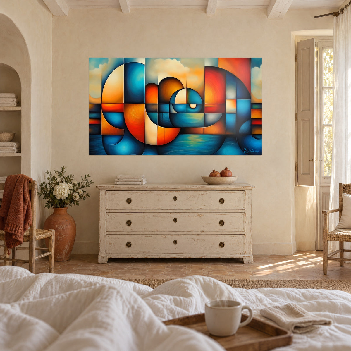 Schilderij met verweven ronde vormen in rood-oranje en kobaltblauw, gouden wolken bovenaan, boven een bed in een lichte slaapkamer