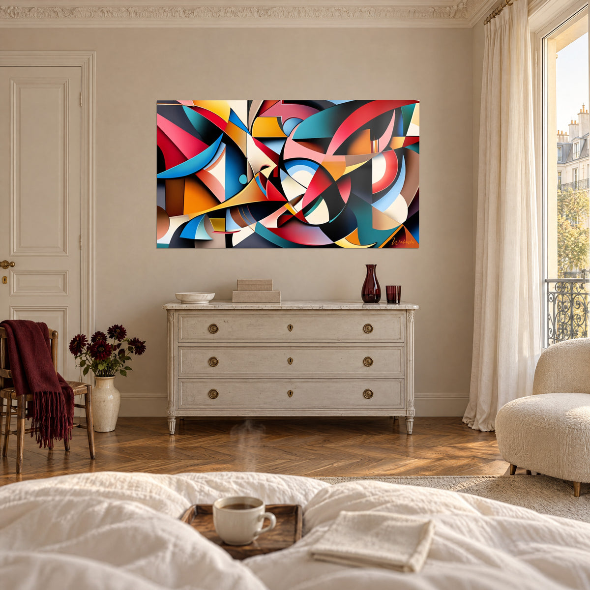 Cuadro con arabescos abstractos en coral y verde abeto sobre fondo crema, frente a una cómoda blanca, encima de una cama en un dormitorio claro