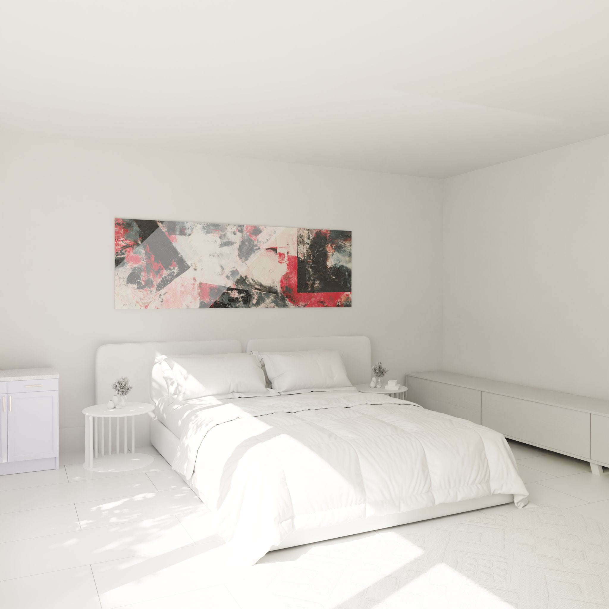 Tableau mural géométrique abstrait rouge et noir dans ambiance chambre moderne et élégante