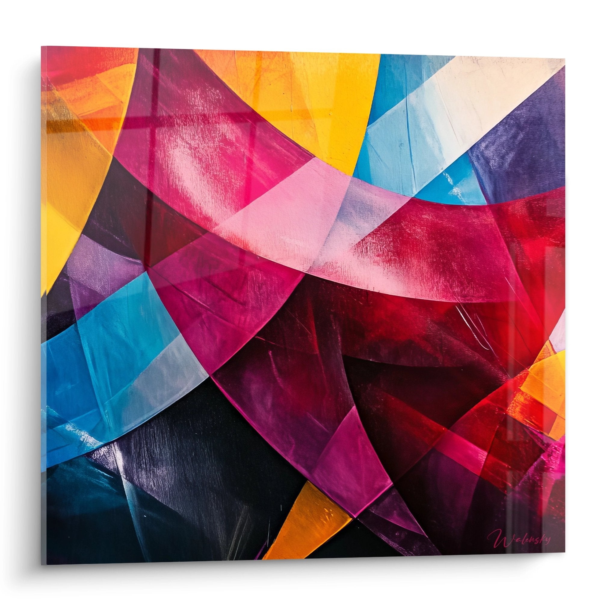 Tableau géométrique abstrait coloré avec formes entrecroisées jaunes, rouges, bleus et violets