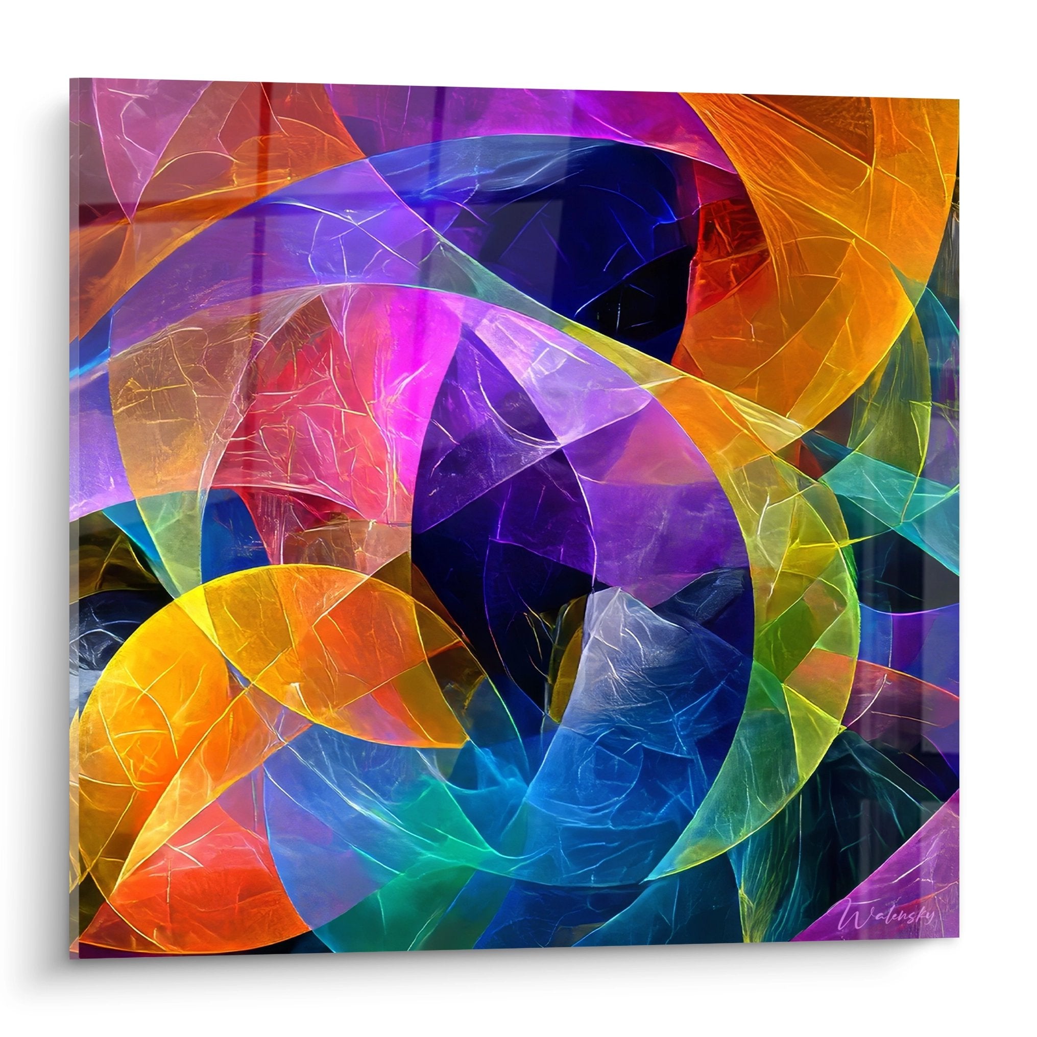 Colorful abstract geometric painting with interlaced orange purple blue shapes - modern wall art