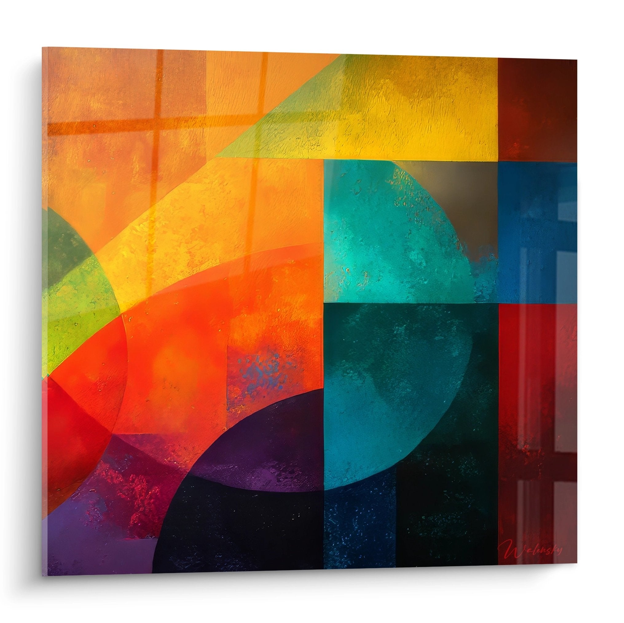 Tableau géométrique abstrait coloré avec formes circulaires et rectangulaires en tons chauds et froids