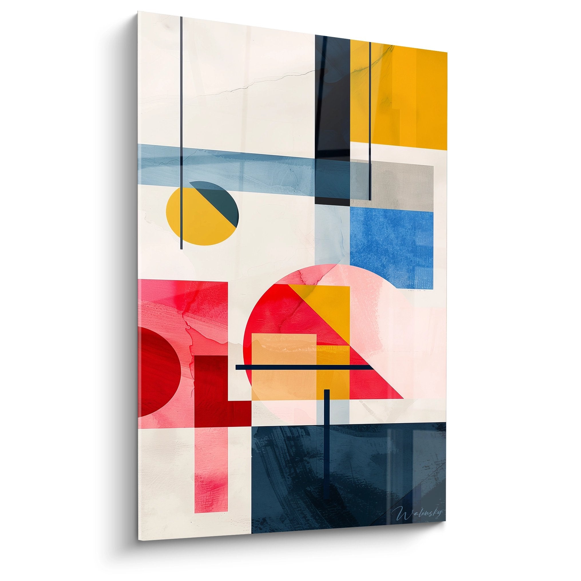 Tableau géométrique abstrait aux formes colorées jaunes rouges bleues, art moderne mural décoratif