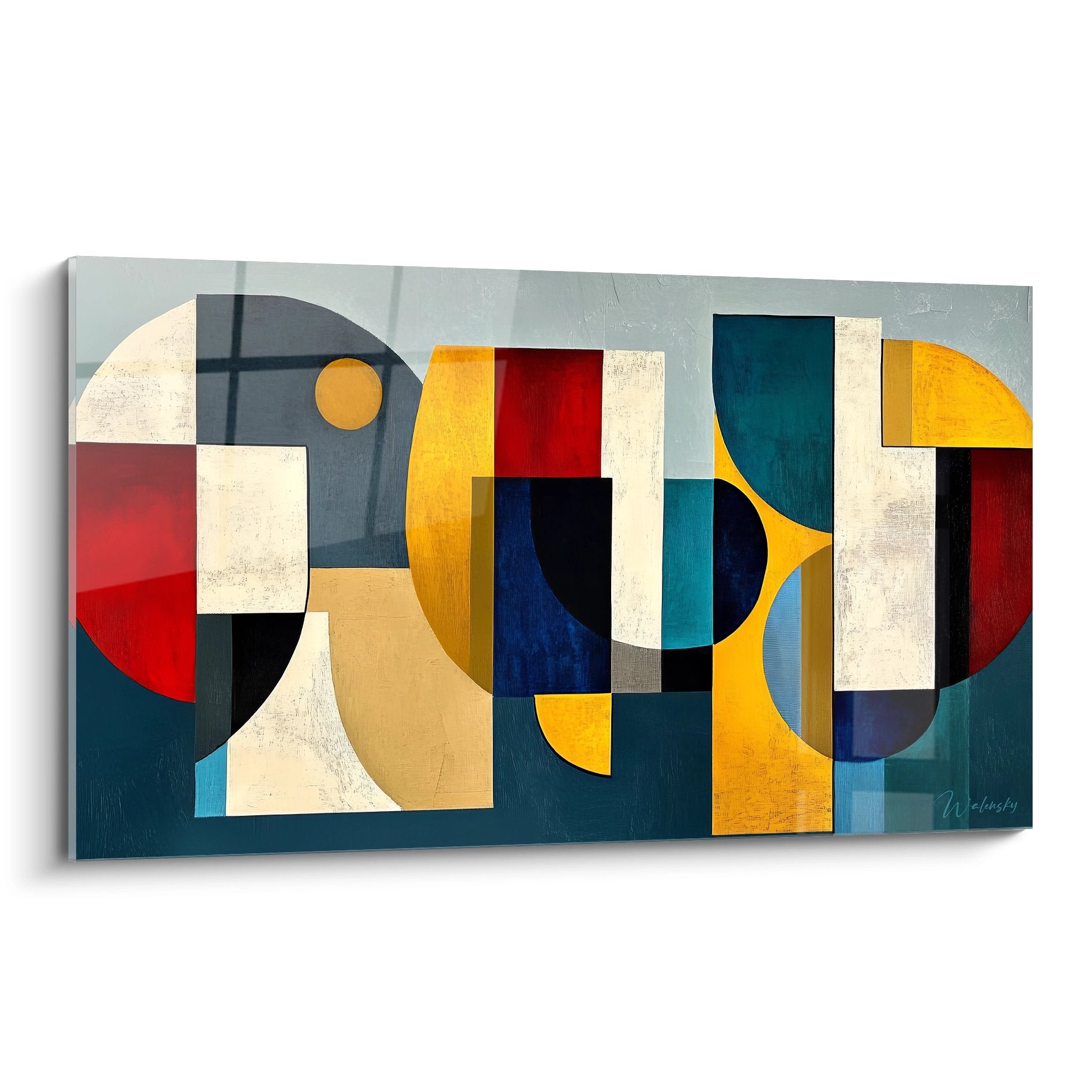 Tableau géométrique abstrait coloré avec formes entrelacées orange bleu rouge - art mural moderne décoratif