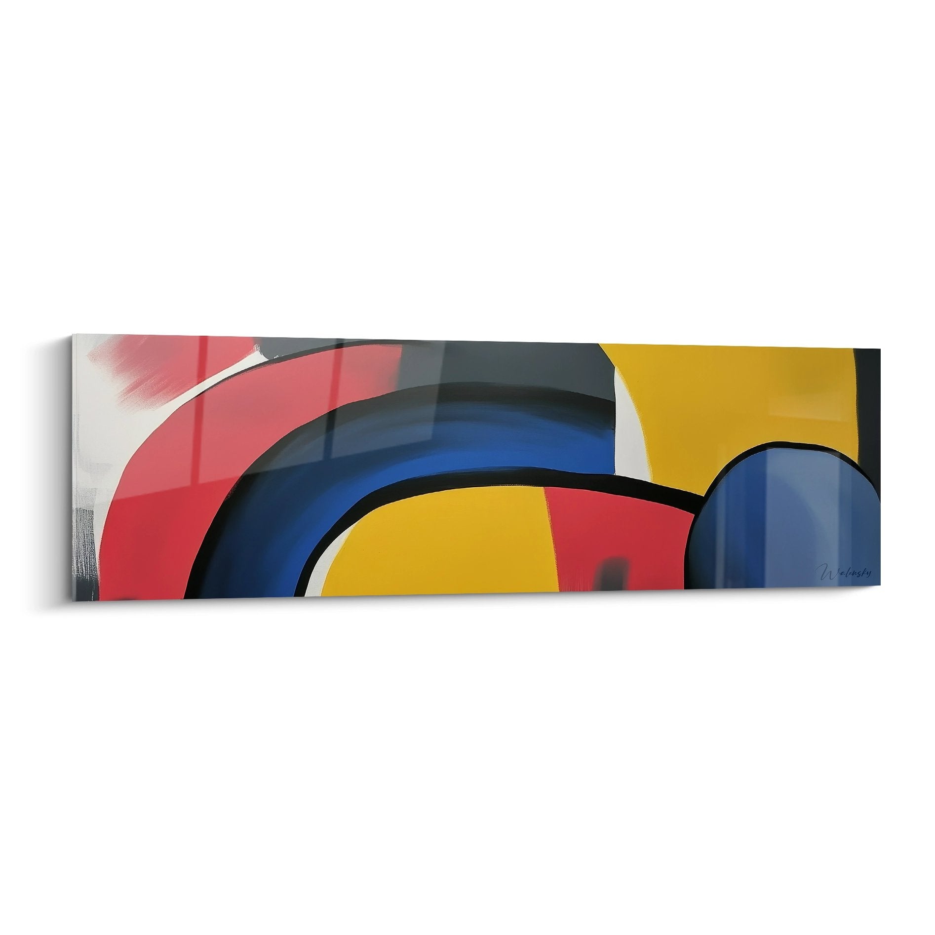 Tableau mural géométrique abstrait aux formes colorées rouge bleu jaune pour décoration moderne