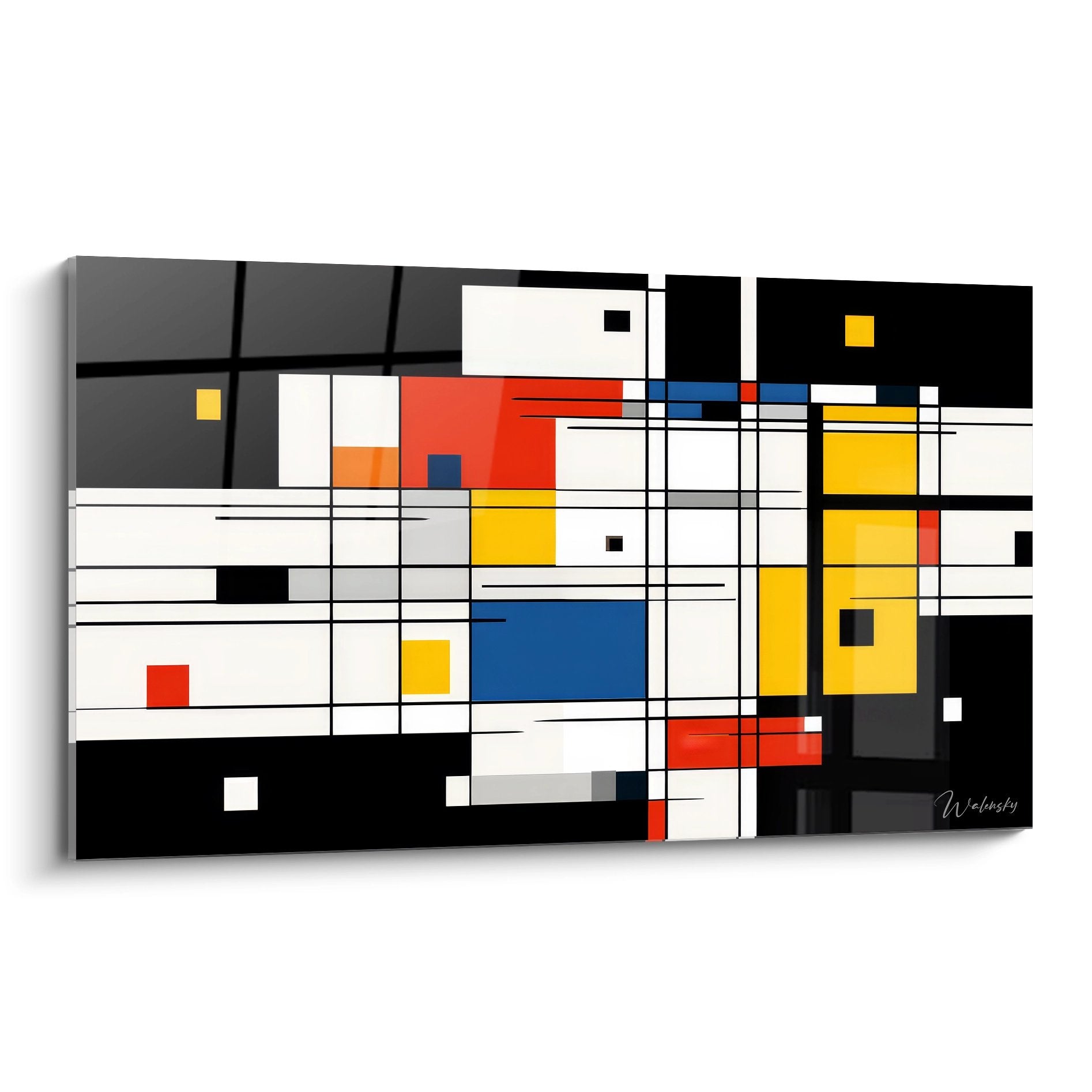 Tableau géométrique abstrait coloré style Mondrian avec formes rectangulaires rouge jaune bleu