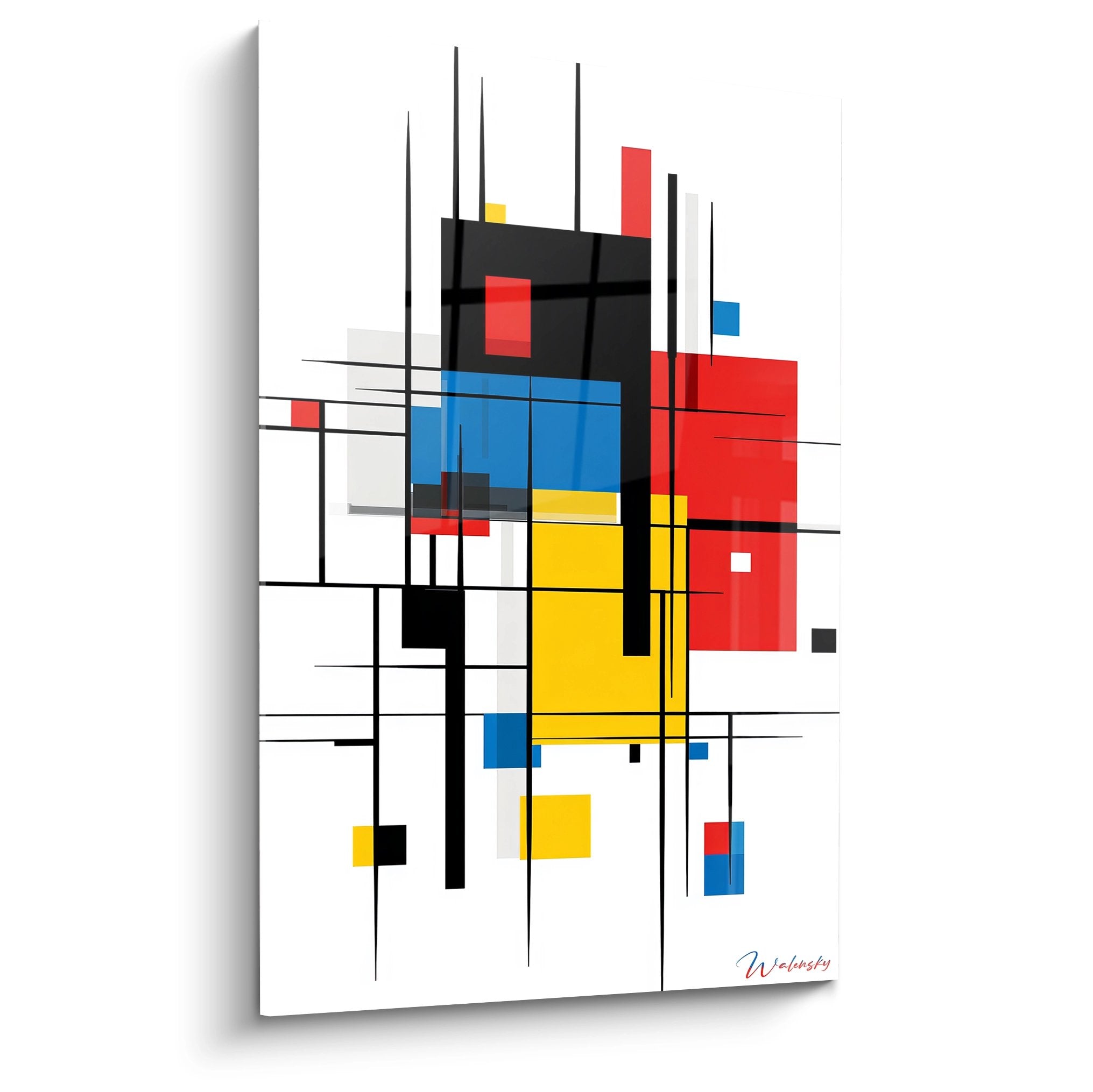 Tableau géométrique abstrait moderne avec formes colorées rouge bleu jaune sur fond blanc