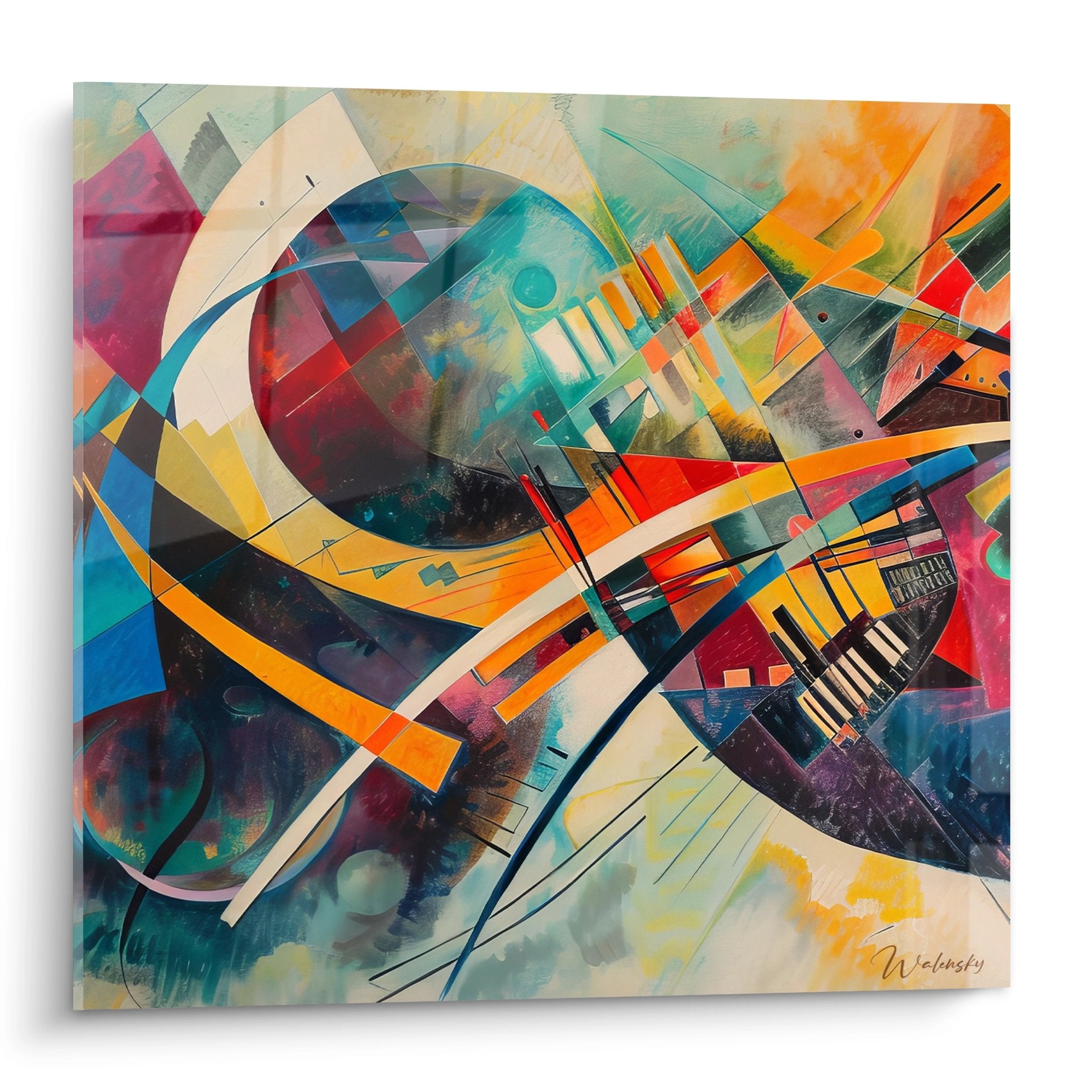 Tableau géométrique abstrait aux formes colorées et lignes courbes dynamiques pour décoration moderne