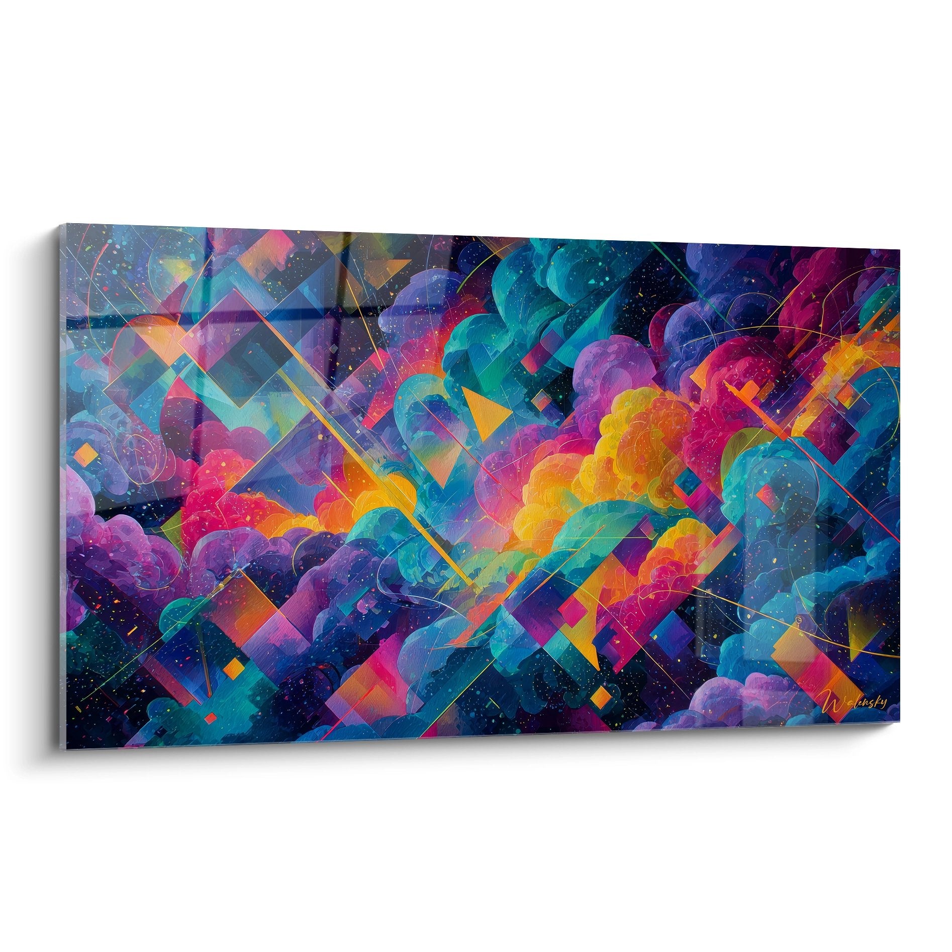 Tableau mural géométrique abstrait cosmos avec formes colorées et nuages cosmiques vibrants