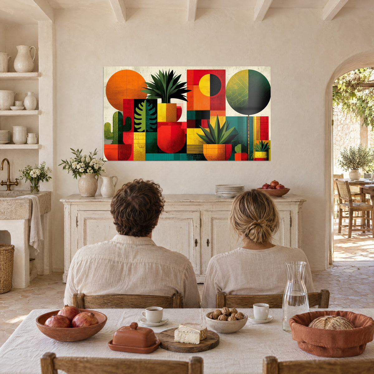 Tableau mosaïque de plantes en pots, disque orange et sphère verte, couple de dos à table, mur chaulé d'un mas provençal